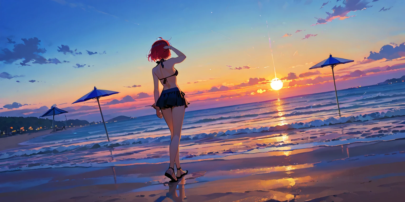 The theme is a scantily clad woman driving an open car along a seaside road.、Please draw a scene of the sun setting.。Woman wearing sunglasses、She is wearing a loose dress、The orange sea and sky spread out in the background.。