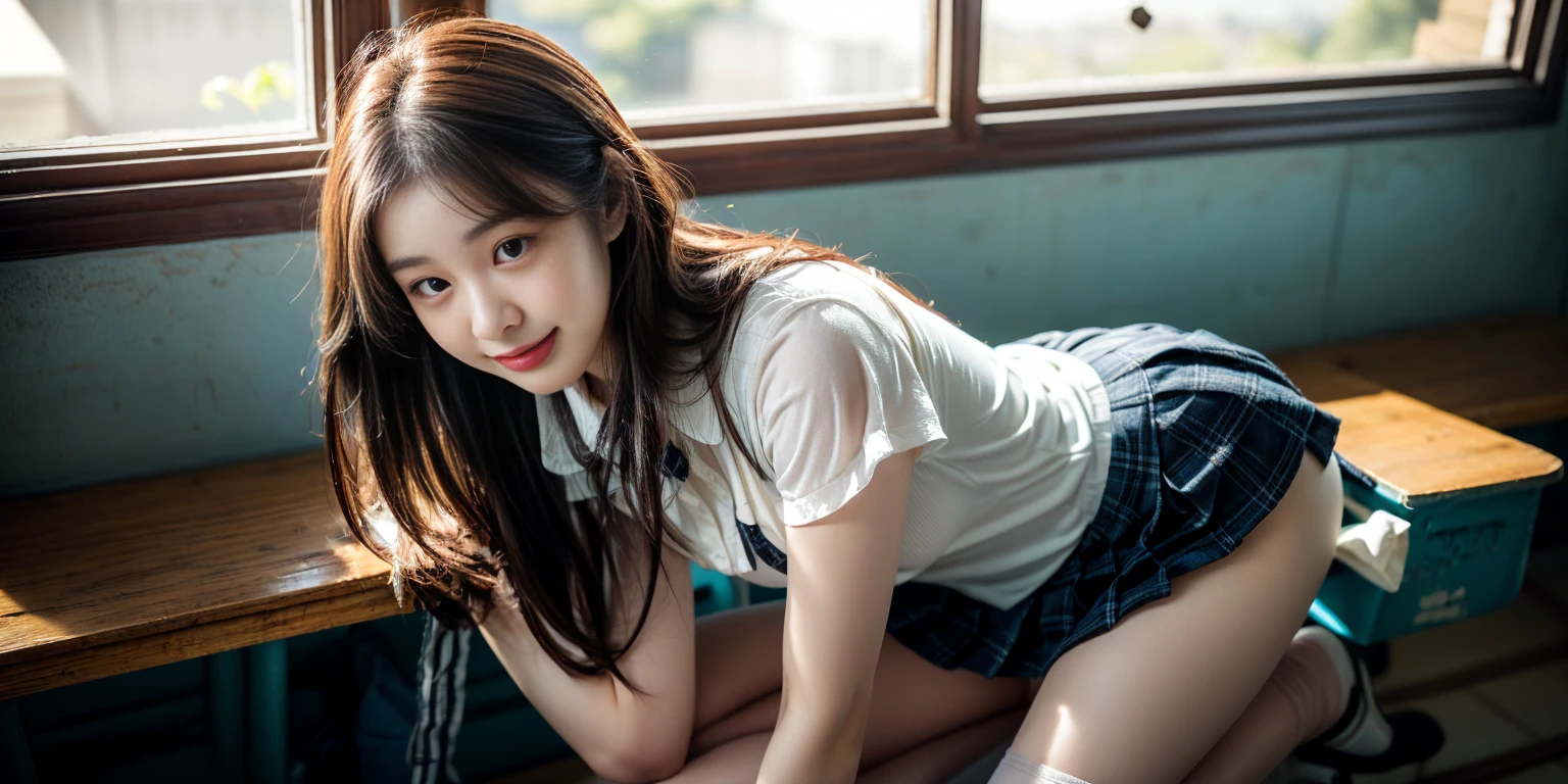 (masterpiece, best quality, beautiful quality, photorealistic, raw photo, looking at viewer, detailed lighting, extremely detailed skin, extremely detailed hair, extremely detailed teeth, shadows, 8k:1.2), (a photo of a woman, 1girl:1.2), High school girl, most beautiful face, slender body, very long legs, thin legs, thin thighs, very small breasts, girl sitting, hands between her thighs, girl's school uniform, tight school uniform, light blue shirt, navy blue tie , pleated skirt, black high socks, white panties, show panties, smile, on table, focus on thighs, wet clothes, wet skin,