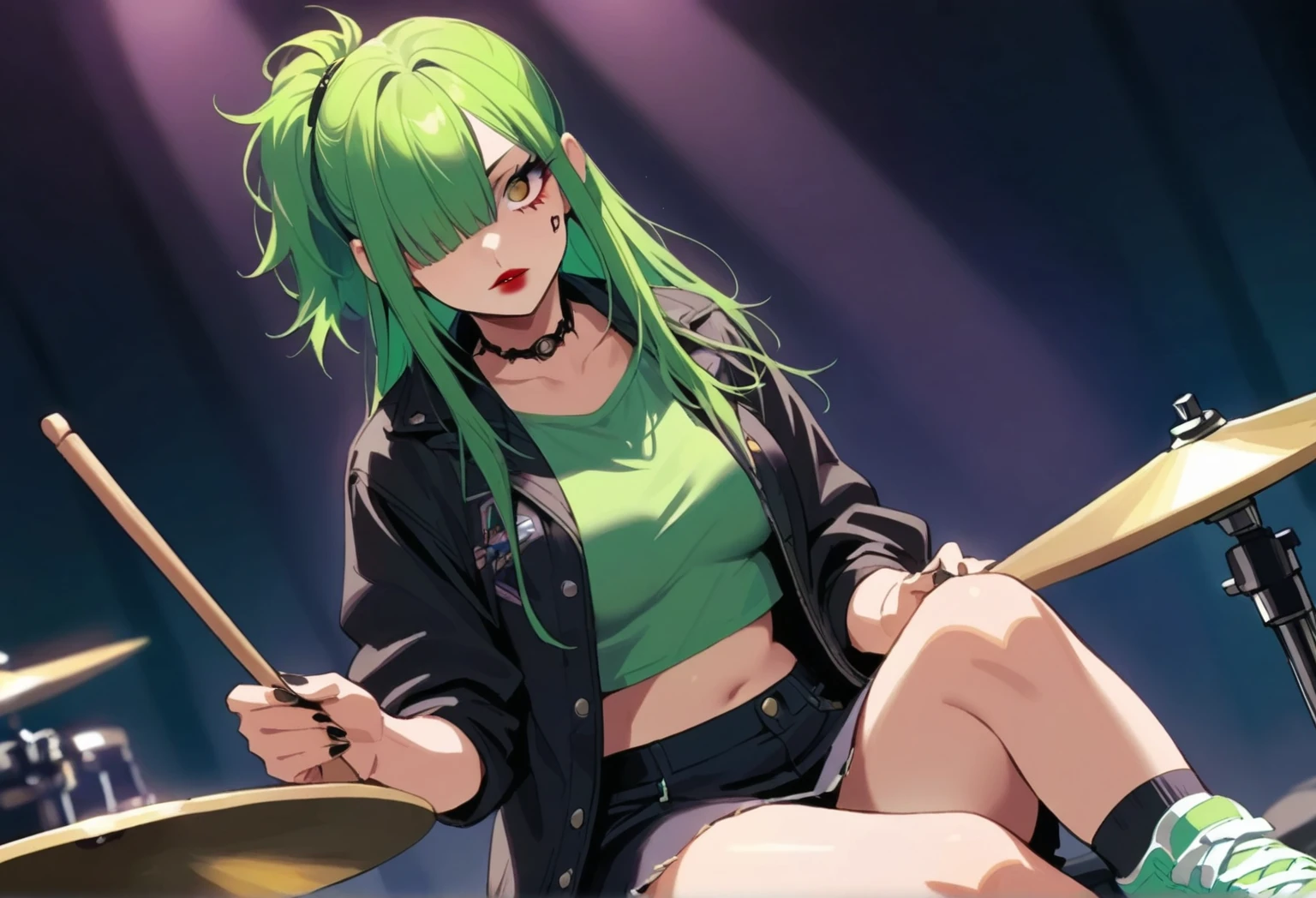 A young Japanese woman.
Long, straight blonde hair with long locks over her eyes and a small ponytail at the back.
his eyes are light blue.
She wears heavy makeup that highlights her eye color.
Soft red lipstick.
She wears a 90s Grunge style outfit, a long-sleeved white blouse with blue stripes, a ripped denim mini skirt and black allstar sneakers with ankle-length socks.
She is playing a red fender guitar.
She is facing the camera in an elegant and dynamic pose.
The scene is a stage.