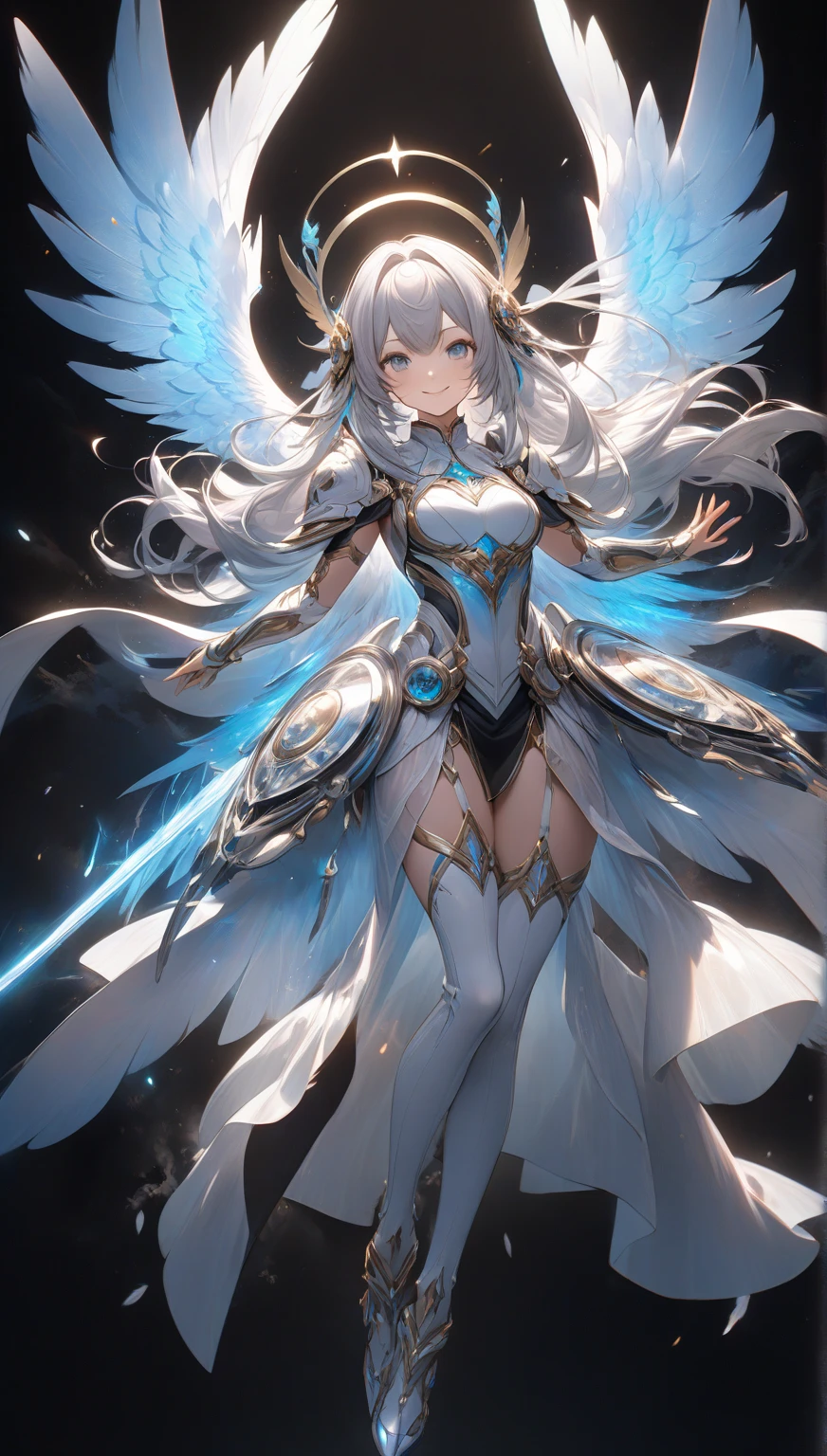 (Full body posing:1.5), (colorful:1.2), Dynamic angle, (extremely detailed CG unity 16k wallpaper:1.1), (Denoising strength: 1.45), (tmasterpiece:1.37), {{masterpiece}}, flat chestbest quality}, {highres}, solo, flat_chest, a girl inside the church with white hair and blue pupil surrounded by {many} glowing {feathers} in cold face, detailed face, night with bright colorful lights whith richly layered clouds and clouded moon in the detailed sky, {a lot of glowing particles}, high ponytail, mecha clothes, robot girl, cool movement, sliver bodysuit, {filigree}, delicate and (intricate) hair, ((sliver)) and (broken) body, blue streaked hair, full body, sitting on a {blue star}, Depth of field, god rays, sparkle, glowing light