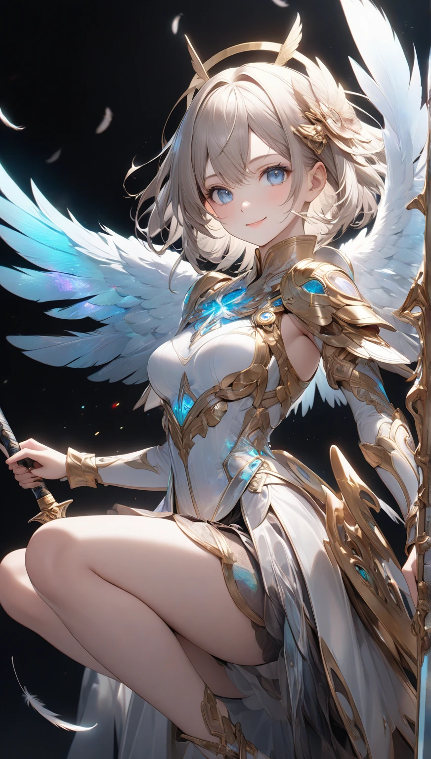 (((masterpiece))), (((highest quality))), ((ultra-detailed)), ((super fine illustration)), ((ultra-fine painting)), (Diagonal angle:1.6), (medium shot:1.6), (Highly detailed and delicate illustration style:1.8), detailed skin texture, detailed metal texture, detailed cloth texture, extreme detailed description, (T-masterpiece), (highly detailed face:1.2), (highly detailed shiny hair:1.2), (highly detailed clear eyes:1.2), (Highly detailed symmetrical wings:1.2), original, RAW photo, professional, Intricate details, super details, direct light:1.6, iridescent light:1.5, highly detailed hands:1.2, highly detailed fingers:1.2, highly detailed fingertips:1.2, (sexy), (sexy), real, (Solo:1.5), ((A very beautiful and intelligent mechanized angel girl who is the head court mage)) BRAKE (Beautifully shaped breasts), (Beautifully shaped small buttocks), (Highly detailed and perfect symmetrical large white wings:1.4), (Very detailed and delicate beautiful shiny silver short hair that shines in rainbow colors, colorful short hair:1.2), (Beautiful clear blue eyes that shine with great detail and delicate:1.2), (Highly detailed face:1.4), look at the viewer, (Very detailed, beautiful and perfect hands:1.4), (Very detailed, beautiful and perfect fingers:1.4), (Very detailed, beautiful and perfect fingertips:1.4), (perfect anatomy:1.4), (Perfect symmetrical wings:1.4) BRAKE ((mecha:1.4))Smooth and menacing design, (A highly detailed and delicate ice and thunder magic divine mechanical armor dress that shines in sapphire blue and pearl white exclusively for the head court mage:1.3) BRAKE concept-art:1.1, Detailed science magic fantasy art:1.1, (Battle Pose), (Magic Casting Pose:1.6) BRAKE Different world, NOT robot, (16K highest quality wallpaper:1.4), (Highly detailed and delicate starry sky and magic circle background:1.4) BRAKE (sexy), (NSFW) BREAK
