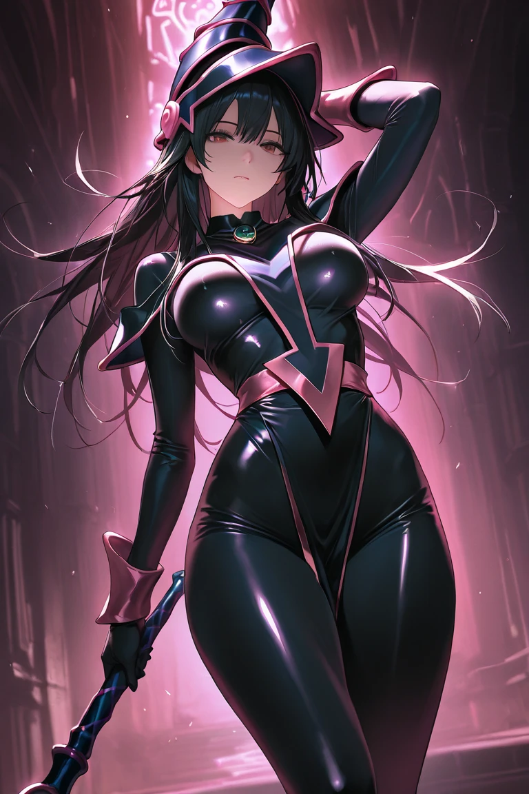rscore_9, score_8_up, source_アニメ,th,ahoge,ponytail,bright pupils,stockings,latex,tie,garter belt,High leg,shame,High heels,front view,Small breasts