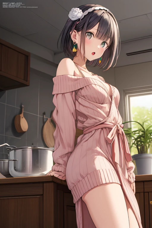 (from below:1.2), (perky chest:1.2), (pointed chest:1.2), 1girl, Bust A Cup, Amazing Cleavage:1.1, thin waist, big ass, Raised sexy, small breast: 1.1 posed cleavage:1.2、solo, looking at viewer, have a cute glass of cute beergrass,black hair, dark green eyes, dress, bare shoulders, jewelry, collarbone, sidelocks, hairband, earrings, indoors, off shoulder, arms behind back, plants, short hair with long locks, gild hairband, off-shoulder dress, sweater dress, off-shoulder sweater, red sweater, dark gord hair, big side hair, very long side hair,is rendered in (masterpiece: 1.2, best quality), with (ultra high resolution) and an exquisite (depth of field). This masterpiece is not only visually stunning but also tells,A scene of cooking in the kitchen