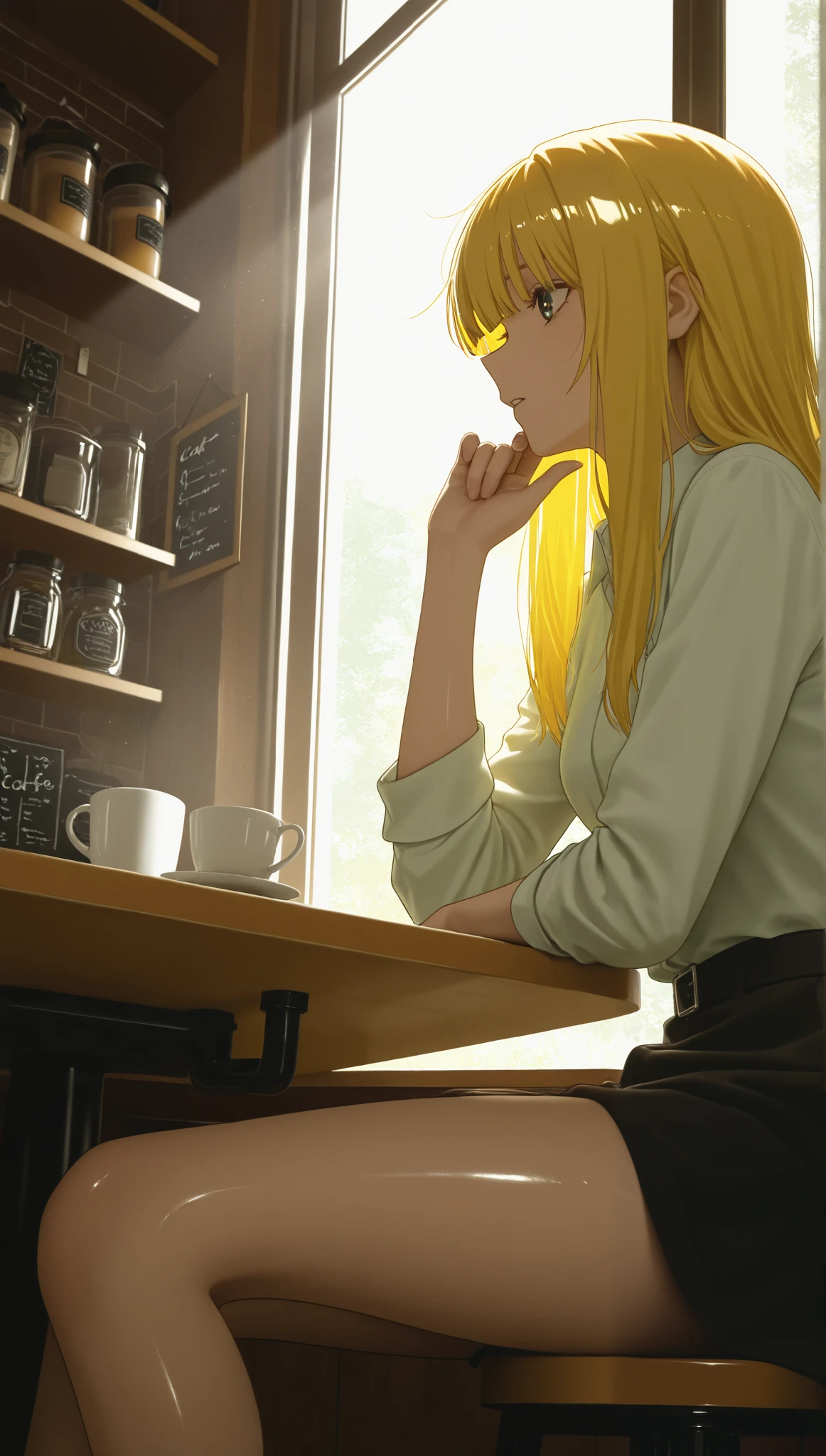 A girl sitting in a cafe,Sunlight through the window,Hand on chin,Pensatiba,blonde,shiny eyes,(from below:1.2),half-profile 