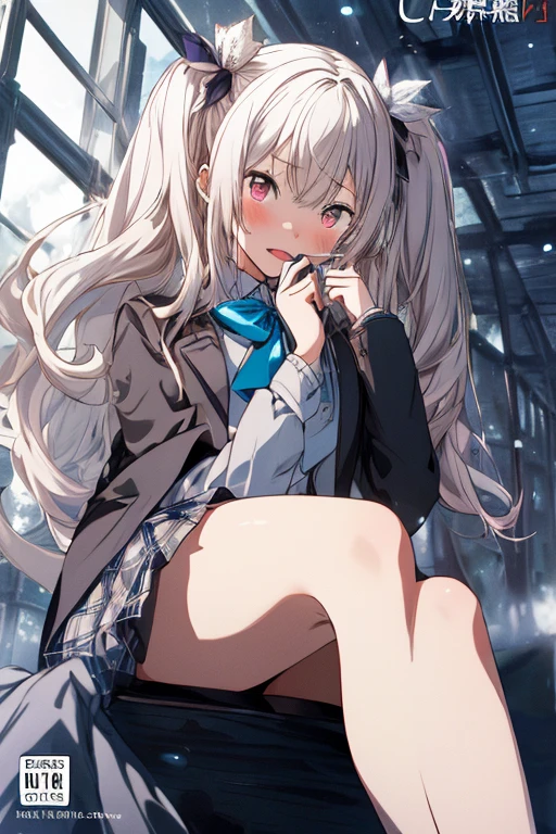 best quality, ultra detailed, absurdres, HDR, 1 loli、♡、surprised smile、In town、slender body、Pose with sitting、petite