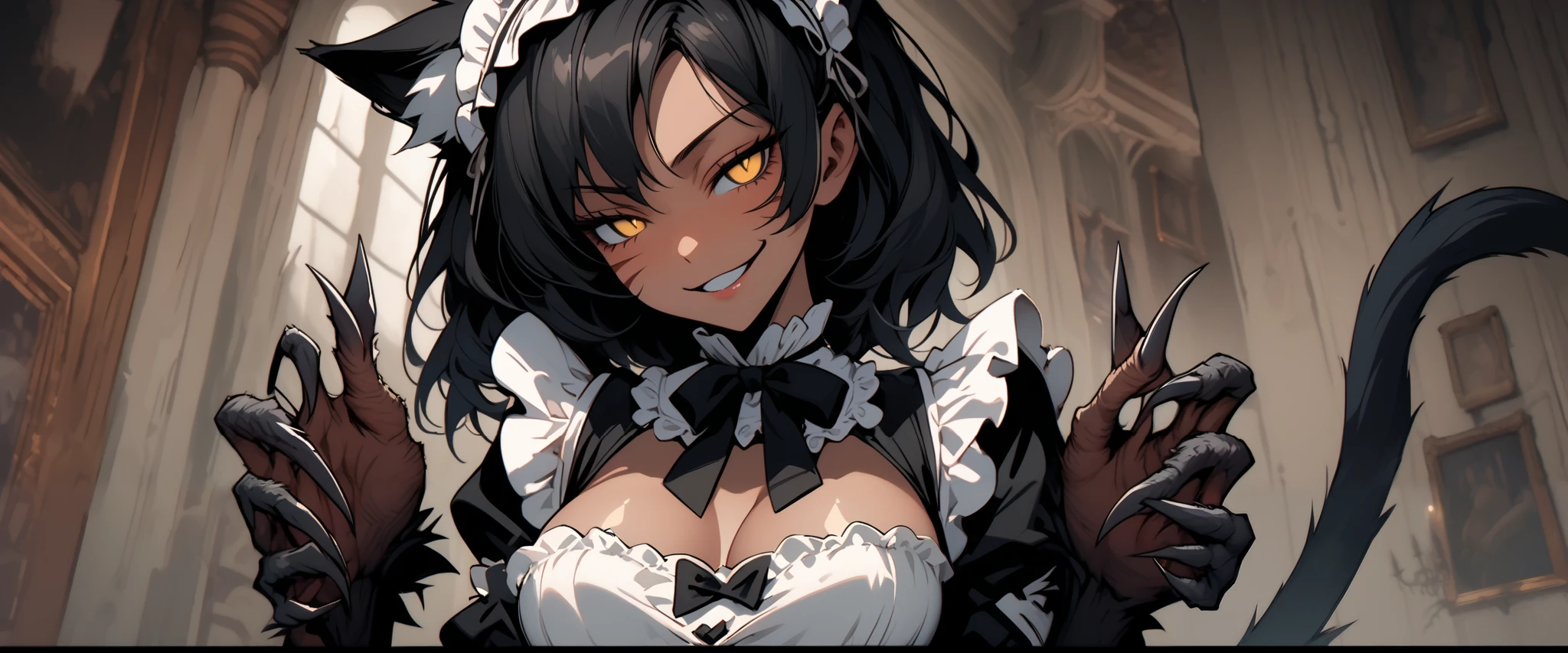 realistic detailed portrait of a dark-skinned ebony woman with large breasts wearing a maid outfit, glaring while smiling with fangs, dreadlocks, holding a dagger, dramatic lighting, cinematic composition, photorealistic, 8k, high quality, intricate details, realistic skin texture, hyper detailed