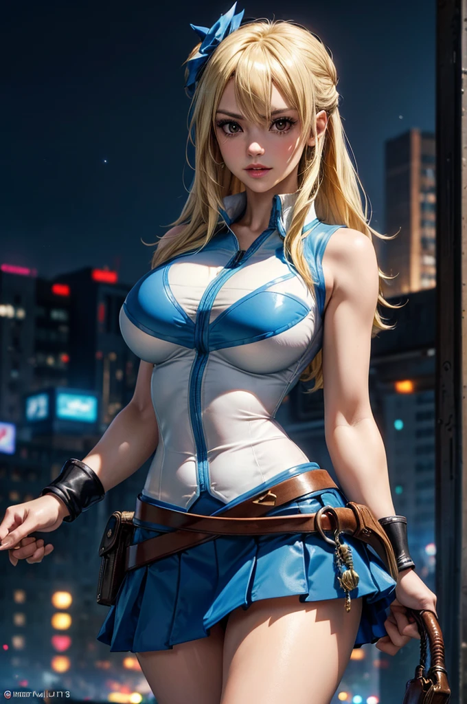 neckleace,(work of art, best qualityer:1.2), standing alone, 1 girl, Lucy Heartfilia, ssmile, gazing at viewer, red sleeveless, mini-skirt, thigh boots