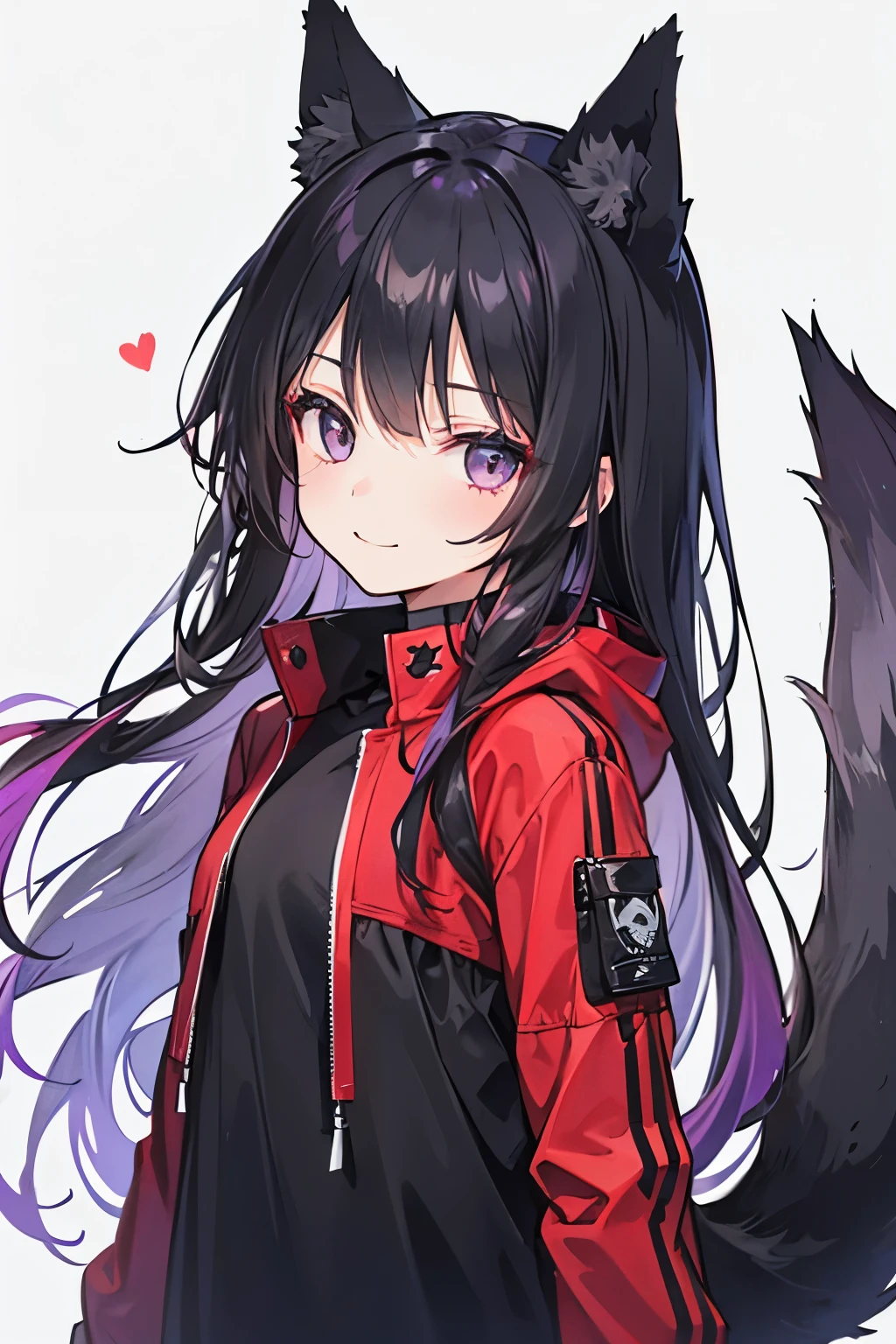 Girl, long black hair fading down into a purple or magenta, hair ombré, black and red wolf ears and tail, red at the ends of tail and wolf ears, smile, cute, sweet, expressive dark gray colored eyes, red jacket