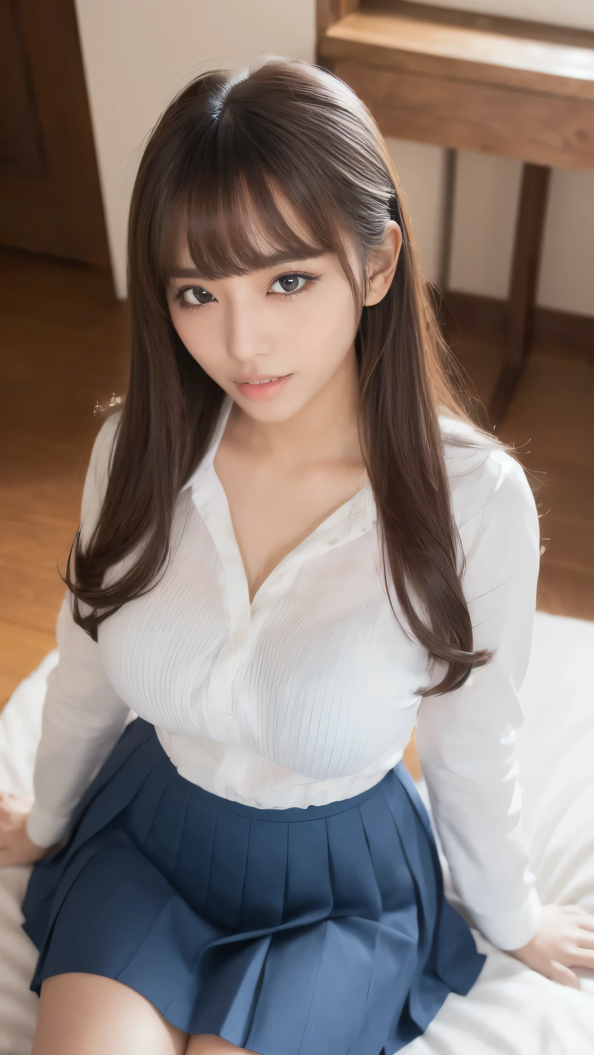 Big Breasts、((Japanese woman)) , (( white Y shirt))、(curvy body)、 sensual expression、((angle from above))、Open your mouth lightly 、I'm staring 、on bed、 looks up 、(dark blue pleated skirt for indoor floor) 、((high school uniform))、((胸のgap ))、(seen from above、 gap)open their mouths,