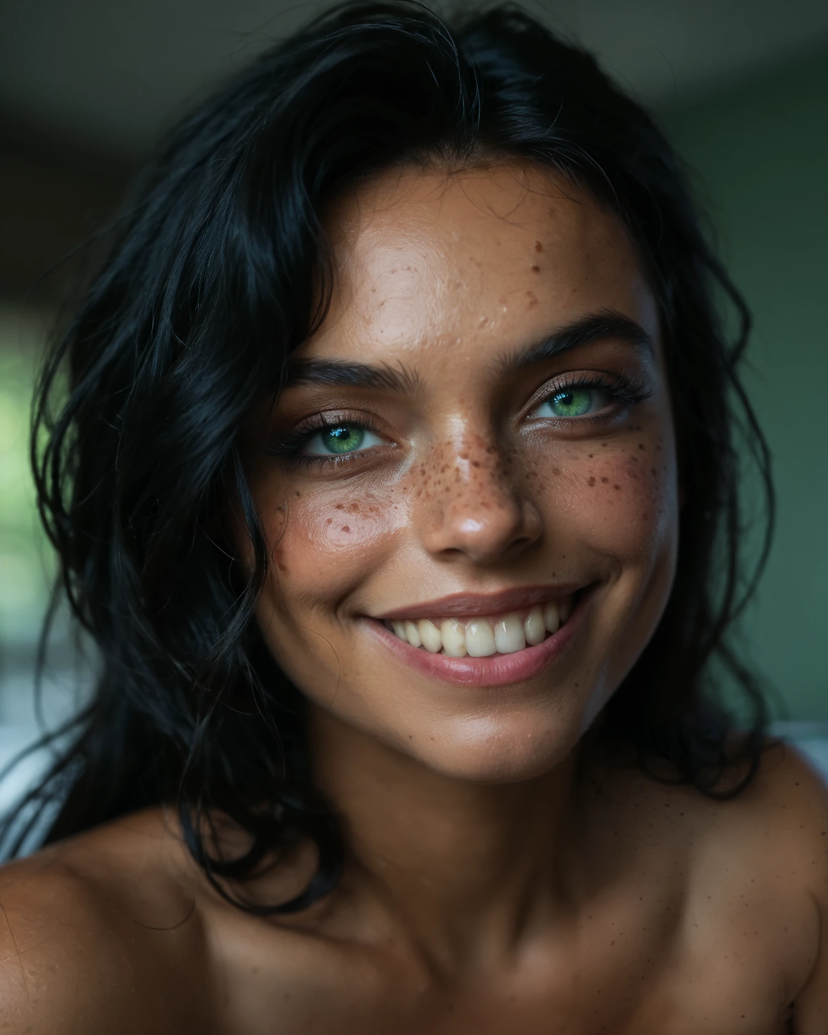 mulatto girl, freckles, black hair, smug seductive grin, blue-green eyes