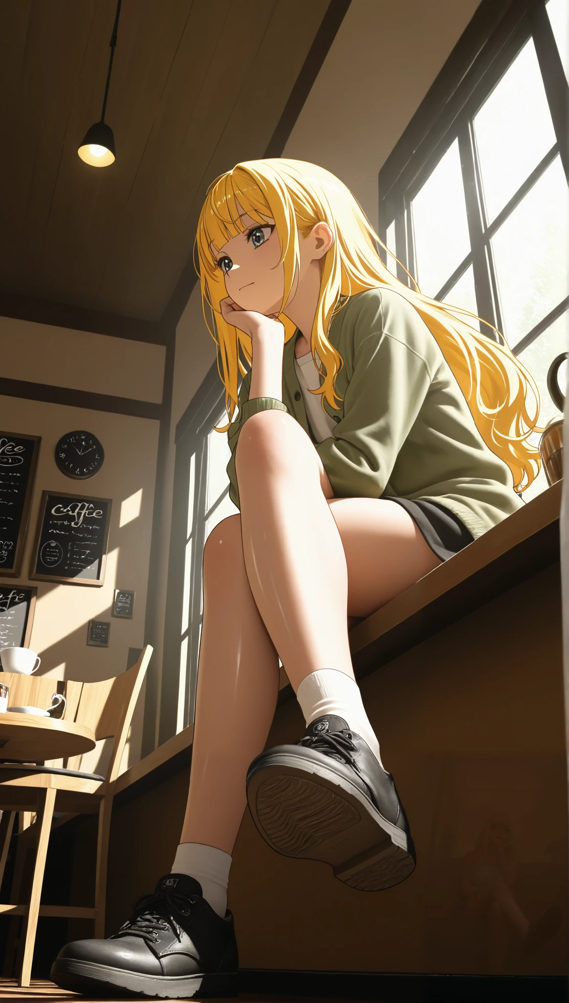 A girl sitting in a cafe,Sunlight through the window,Hand on chin,Pensatiba,blonde,shiny eyes,(from below:1.2),half-profile ,shoe sole,Cross Legs
