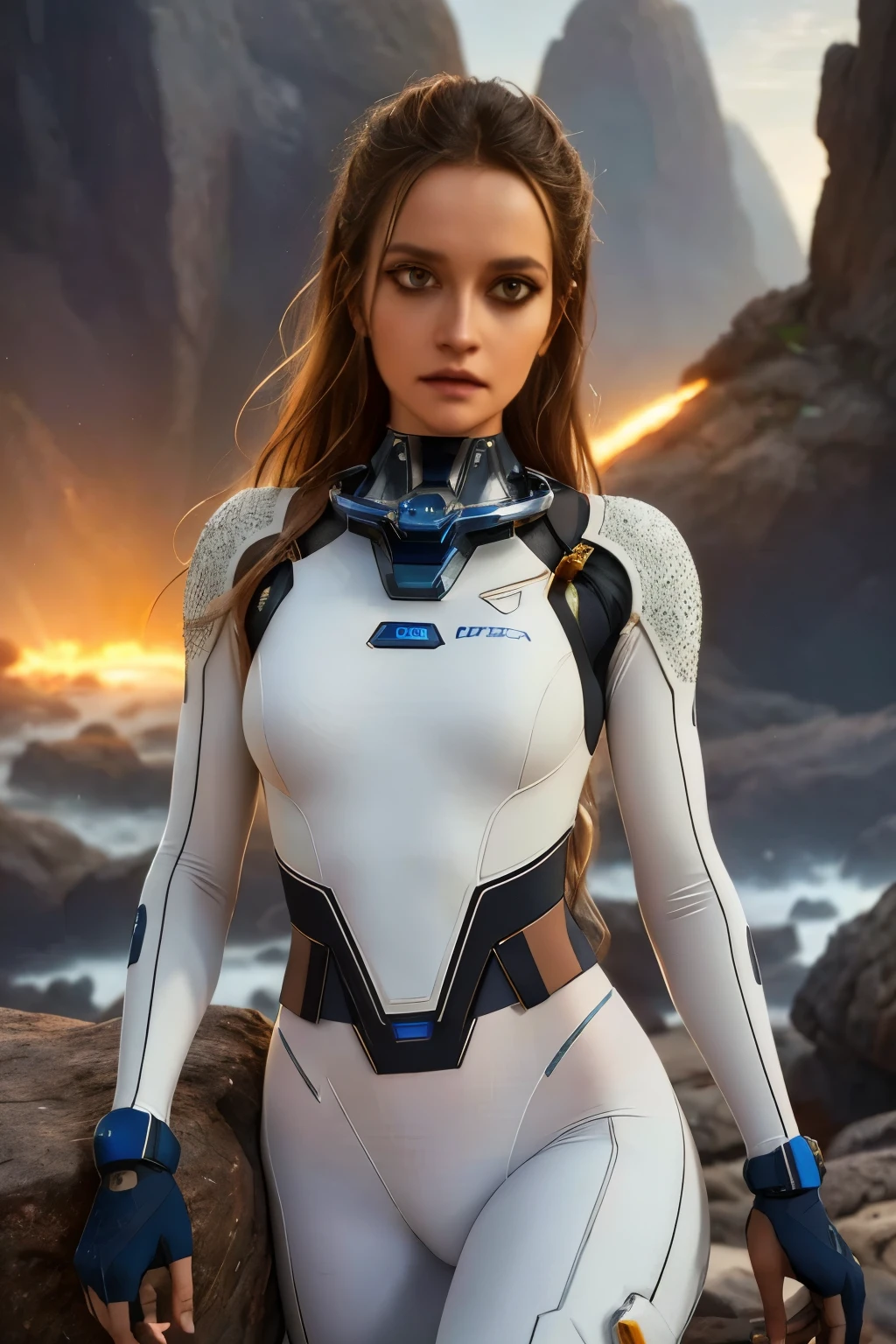 a futuristic space exploration scene, wearing a white spacesuit, beautiful detailed eyes, beautiful detailed lips, extremely detailed face, long eyelashes, astronaut holding a high-tech device, advanced alien spacecraft in the background, floating rocks and debris, colorful nebula, digital art, cinematic lighting, vibrant colors, dramatic atmosphere, highly detailed, 8k, photorealistic, concept art style