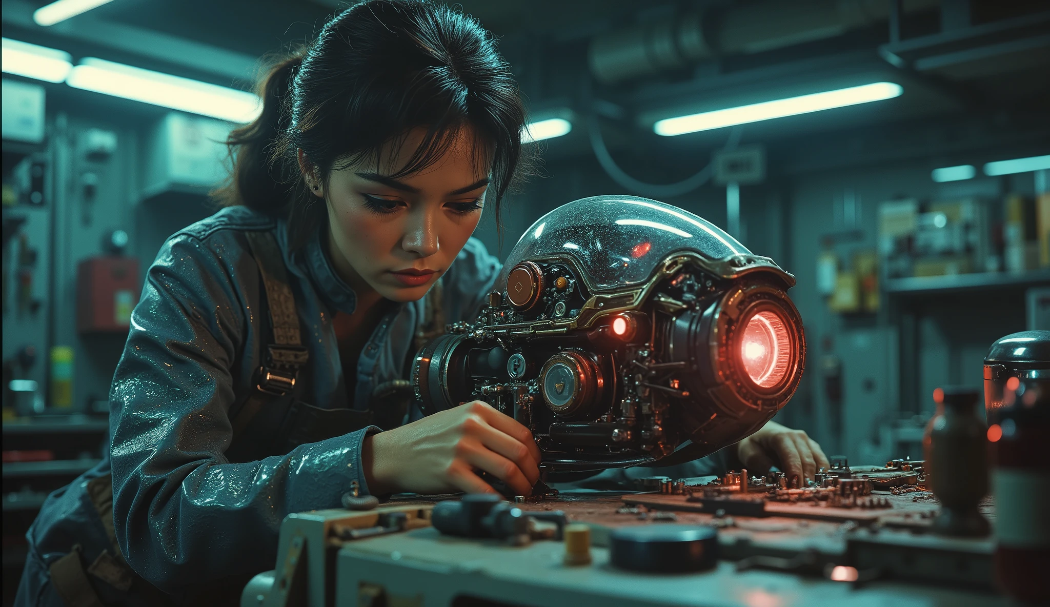 A detailed mid-shot of a futuristic female mechanic, her hands covered in oil and circuitry dust, as she repairs a floating motorbike. The neon lights of a high-tech garage flicker behind her.