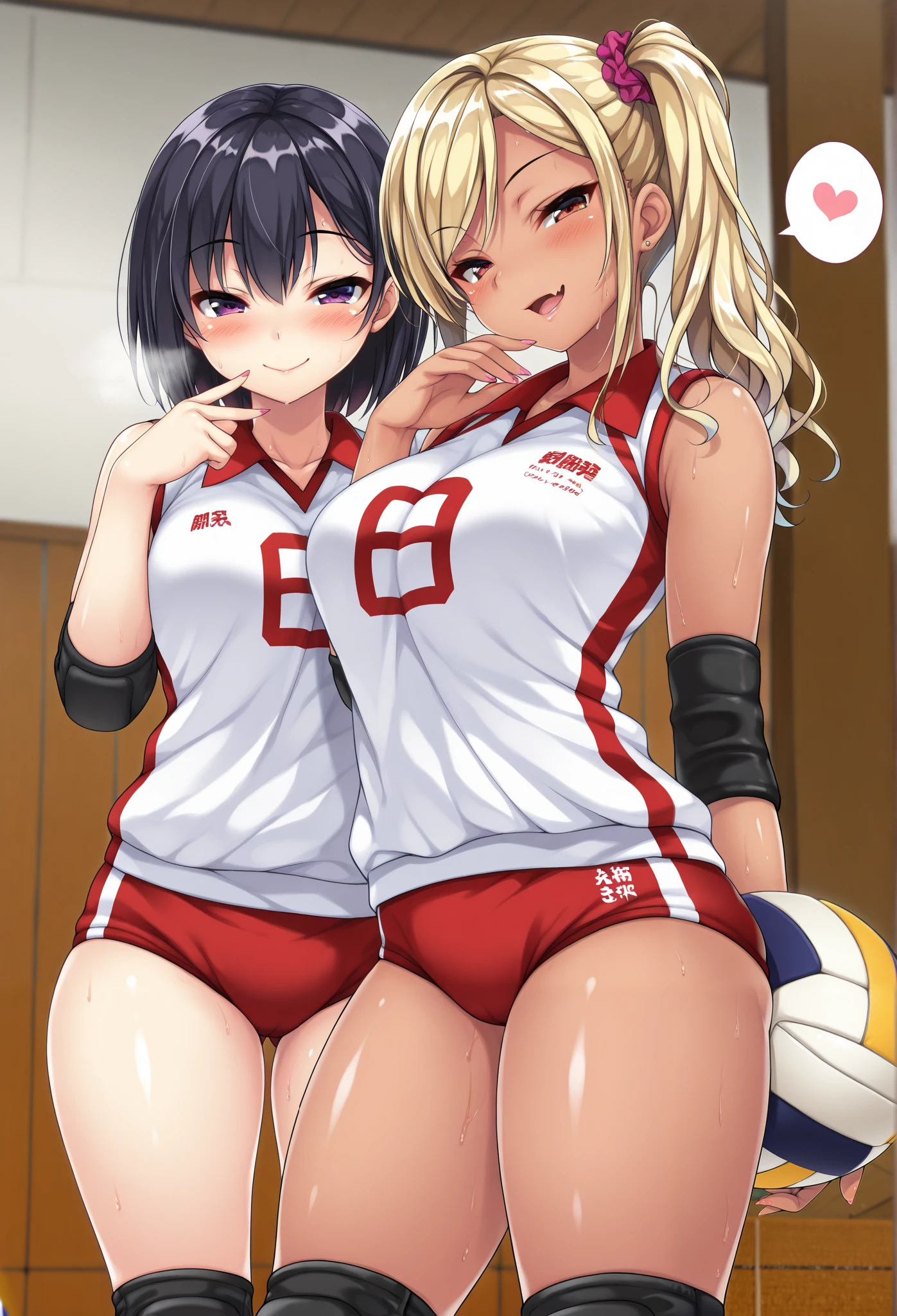 masterpiece, best quality, amazing quality, 2girls, gyaru, (holding ball:1.4),(seductive pose:1.4), (sexy pose:1.4), thick thighs, Collared volleyball uniforms, sleeveless, (buruma:1.4), volleyball knee pads, elbow sleeve, (old Full spherical 8.5" volleyball ball:1.4), (blush:1.4), camel toe, (chubby:0.8), curvy, (sweat, Covered in sweat, covered in perspiration:1,4), (deep breathing:1.2), spoken heart, perfect anatomy, in Uninhabited gymnasium, cowboy shot, detailed lips, highly detailed sports uniform, soft focus background, (seductive smile, embarrassed expression:1.4), medium breasts, volleyball uniform, sportswear, elbow pads, elbow sleeve, knee pads, sleeveless, Buruma, (Matching uniforms:1.4), mesugaki,from below, volleyball uniform, buruma,mesugaki, smile, looking at viewer, blush, hand up, skin fang, from below