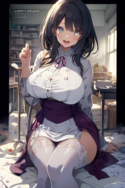 (masterpiece）、（Best image quality）、（Very detailed）、（Very detailed）、4K、（8K）、Best image quality、（beautiful）, 1 Girl,Huge breasts、Thick thighs,Noise Reduction､Emphasis on the crotch､Breast Augmentation,(Black Pantyhose:1.2),The chest is exposed,(nsfw :1.1),(pubic hair:1.3),Sweating,(school uniform:1.2),(Bukkake:1.2),(Eyes are hearts:1.2),(Sex slave:1.1),smile