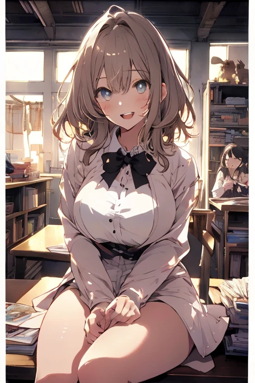 masterpiece, absurdres, best quality, ultra detailed, high Resolution, detailed illustration, bright colour, (extremely beautiful detailed face and eyes, Delicate beautiful face, 1 girl, 18yo, cute face:1.3), (magenta eyes:1.1), sparkling eyes, big eyes, (medium breasts:1.3), (perky breasts:1.1), (pointy breasts:1.1), medium hips, glamorous body, white skin, BREAK, (blonde hair:0.8), messy hair, detailed hair, shiny hair, BREAK (school uniform, down blouse:1.3), perfect lighting, (ecstasy, vulgarity:1.5), (Embarrassed:1.3), (Love juice:1.3), bedroom, (Poop sitting:1.3),