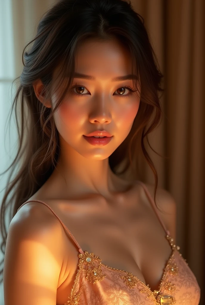 night scene, close up photo of a sexy naked malay girl with long hair (AydaJebat:1.4), posing, close up, look at a camera and smile, bright red long hair, (brown eyes:0.8), cute young face, 18 yo, soft volumetric lights, (backlit:1.3), (cinematic:1.3), intricate details, (ArtStation:1.2)