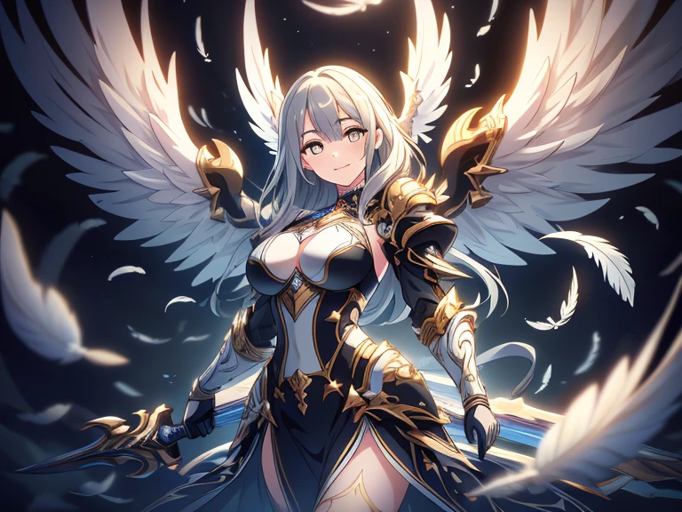 (masterpiece), best quality, expressive eyes, perfect face,1girl,noelle,genshin impact,big breasts,magical girl costume,angel wings,hair ornament,heaven background,feathers in the sky,glowing eyes,cowboy shot,looking at viewer,greatsword,weapon,holding weapon