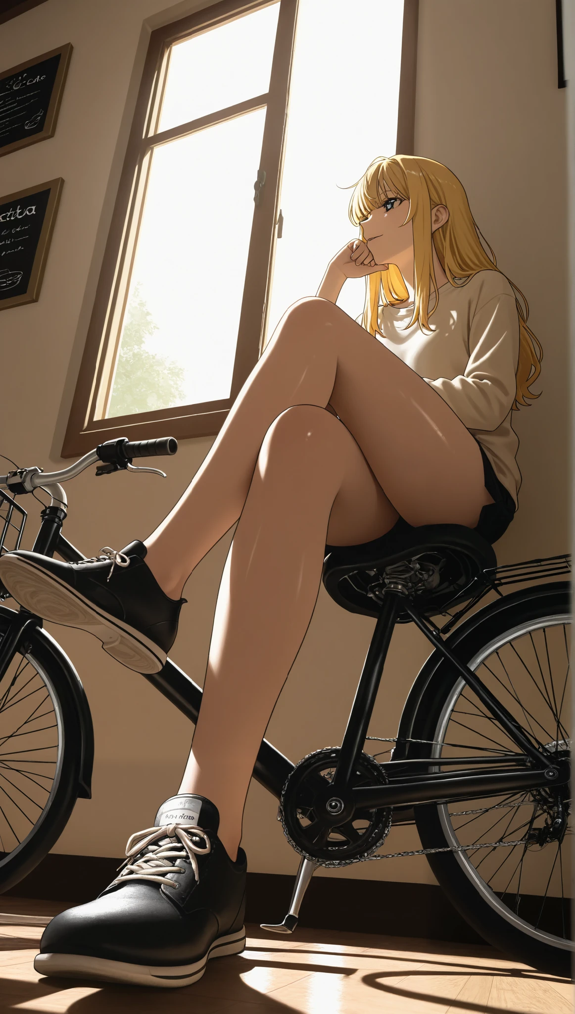 A girl sitting in a cafe,Sunlight through the window,Hand on chin,Pensatiba,blonde,shiny eyes,(from below:1.2),half-profile ,shoe sole,Cross Legs,Bicycle delivery man out the window
