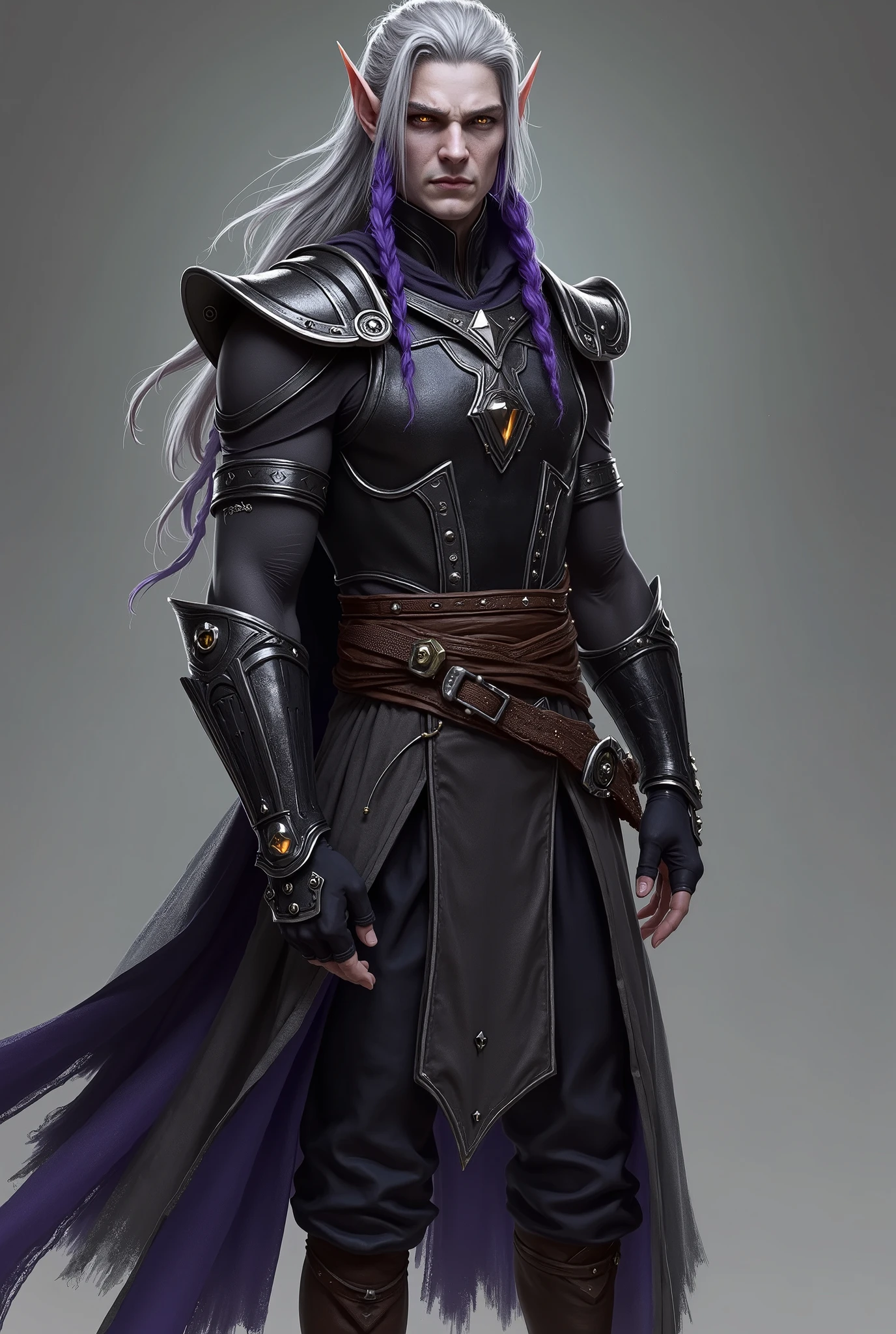 The hybrid elf, half normal elf and half dark elf, has a unique and imposing appearance. His skin is a grayish tone, a middle ground between light and dark. His eyes shine brightly, mixing shades of amber and violet, reflecting his dual power. His hair, a fusion of silver and black, falls wildly or in braids, symbolizing his mixed lineage. His body is slender but muscular, combining the agility of the normal elves with the brute strength of the dark elves. His face is a true balance of elven beauty, he is very handsome and, at the same time, intimidating. Training Outfit: He wears a tight and durable tunic, in shades of dark gray with silver and purple accents, designed for speed and protection. A black leather vest reinforced with runes covers his torso, ensuring strength without compromising his movement. Flexible pants allow for quick jumps and attacks, while silent boots ensure stealth. Small runes of speed and strength glow discreetly on his gloves and shoulder pads, helping him channel his energy into combat. His trajectory is a reflection of his hybrid nature, balancing power and agility. His boots are brown leather.