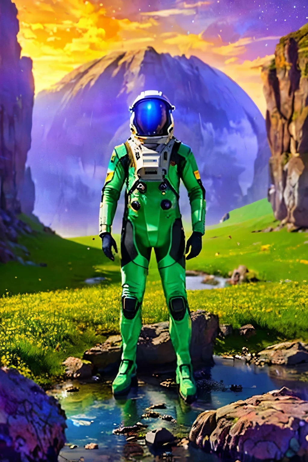 a futuristic space exploration scene, An idyllic scene, countryside landscape, blue sky, green meadow, wildflowers, calm stream, person resting in the shade of a tree, golden sunset light, realistic details, photo quality, masterpiece, ultra detailed, 4k, vivid colors, wearing a white spacesuit, beautiful detailed eyes, beautiful detailed lips, extremely detailed face, long eyelashes, astronaut holding a high-tech device, advanced alien spacecraft in the background, floating rocks and debris, colorful nebula, digital art, cinematic lighting, vibrant colors, dramatic atmosphere, highly detailed, 8k, photorealistic, concept art style