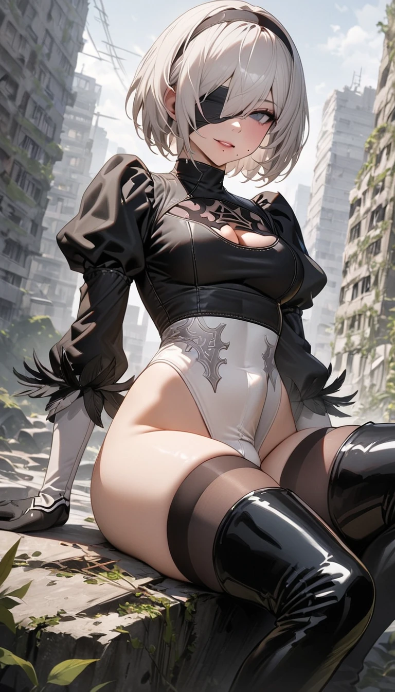 Angle from below,City in Ruins, City, overgrown with plants, Remains, Nier Automata 2b, Grey Bob, Grey Hair, Eyes are covered with bandages, Cyan eyes, Short skirt black dress, Chest neckline, White panties, Black Stockings, Black high boots, High heel boots, Very very beautiful, full length(Bodyful 1.1),Game Nier Automata, Official illustrations with attention to detail, ((Beautiful Fantasy Girl))，Red little chest, Her breasts are sticking out from under her clothes,8 heads,break (Master Parts: 1.2), Highest quality, High resolution, Photorealistic, Photogenic, unity 8k wallpaper, (Illustration: 0.8), (Beautiful, exquisite bluish-grey eyes: 1.6), Highly detailed face, Perfect lighting, Highly detailed CGI , (Perfect Arms, Perfect Anatomy), Girl with perfect breasts, Beautiful Face, Master Studies, Intricate details, Realistic details, anime, (Based on Nier Automata) Perfect body, Perfect pointy breasts, Erect nipples,Perfect Girl, Perfect detail, Ultra HD |, 8k, Professional photos, 2B shows off her sexy body,squat,Wet crotch,Expression with a sense of organization,Sweat from the crotch,Urinating,The genitals are visible,Have pubic hair,