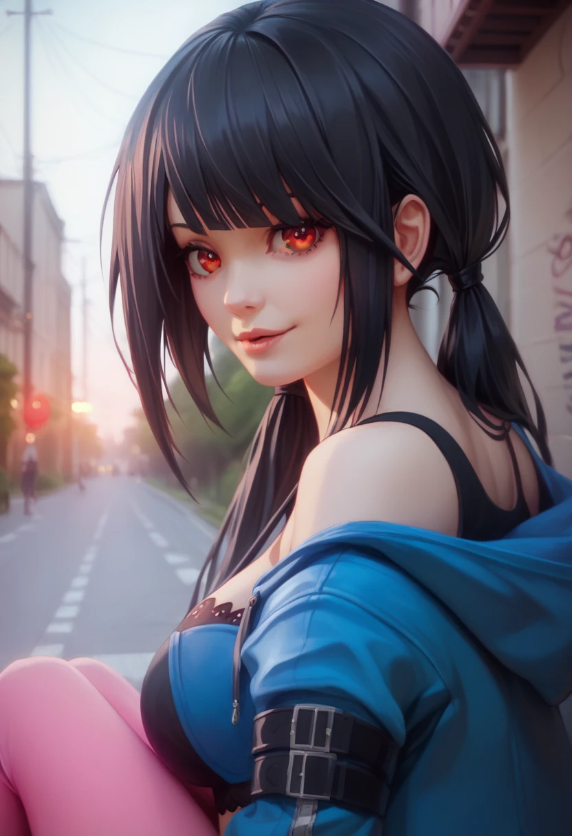 Masterpiece, hyper-detailed digital art, photorealistic anime style, cinematic lighting with dramatic shadows, 8k UHD, perfect composition, emotional depth, featuring Tokisaki Kurumi from Date A Live, asymmetrical black hair in low twintails, (distinctive red eye and golden clock pupil), hair partially covering her left eye. She's confidently posed sitting against an urban backdrop with artistic graffiti, ((wearing a form-fitting ensemble consisting of a cropped black top with intricate lace details, high-waisted pink leggings with subtle sheen, and an oversized electric blue zip-up jacket draped casually over her shoulders)). The background features a mix of neon lights and street art creating a dynamic contrast with her outfit. Her expression carries a mixture of playfulness and intensity, with a slight smirk highlighting her character's duality. The overall composition emphasizes urban fashion meets anime aesthetics, rendered with ray tracing, volumetric lighting, ambient occlusion, and subtle film grain for added realism.