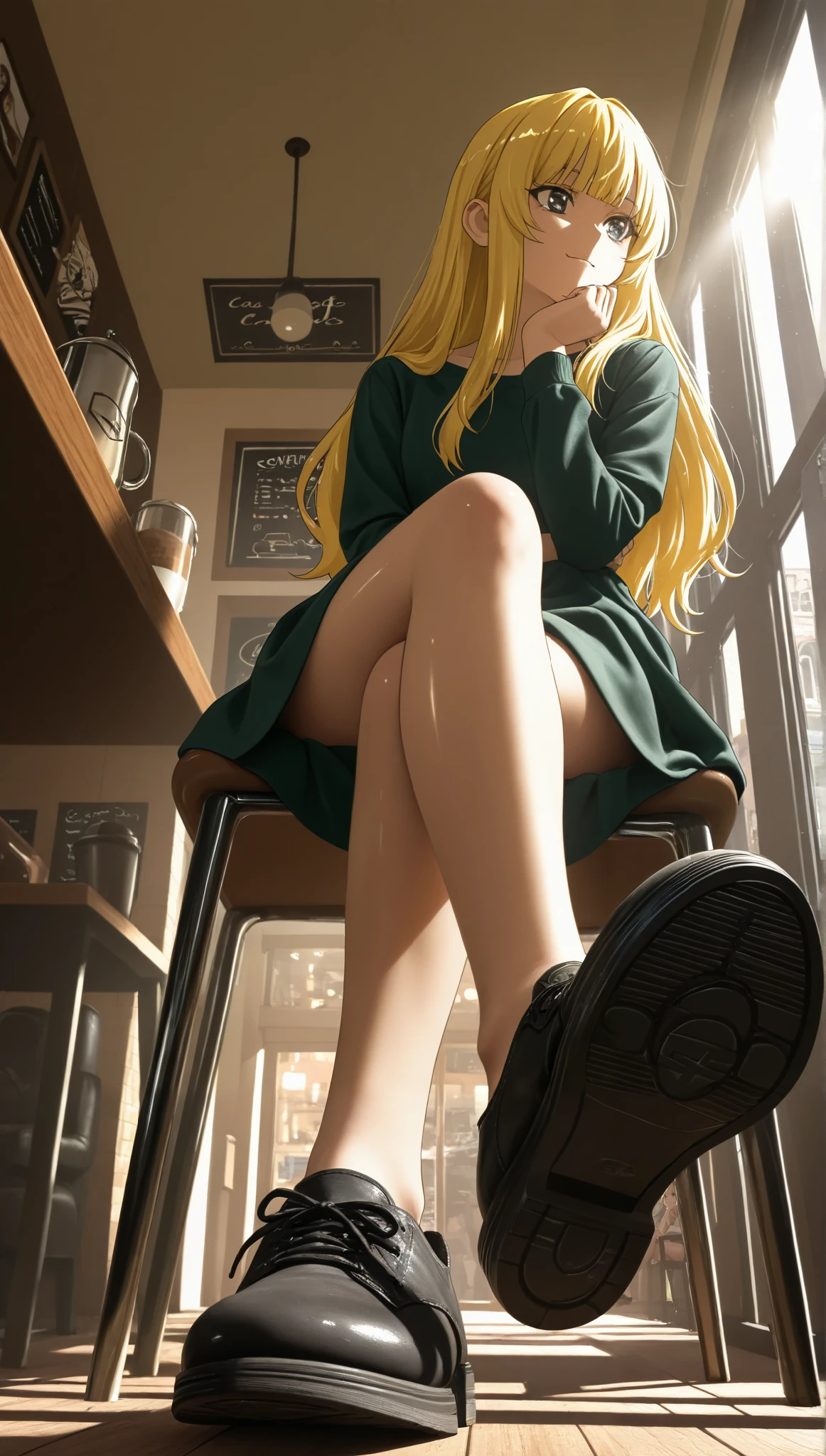 A girl sitting in a cafe,Sunlight through the window,Hand on chin,Pensatiba,blonde,shiny eyes,(from below:1.2),half-profile ,shoe sole,Cross Legs,streets and cars