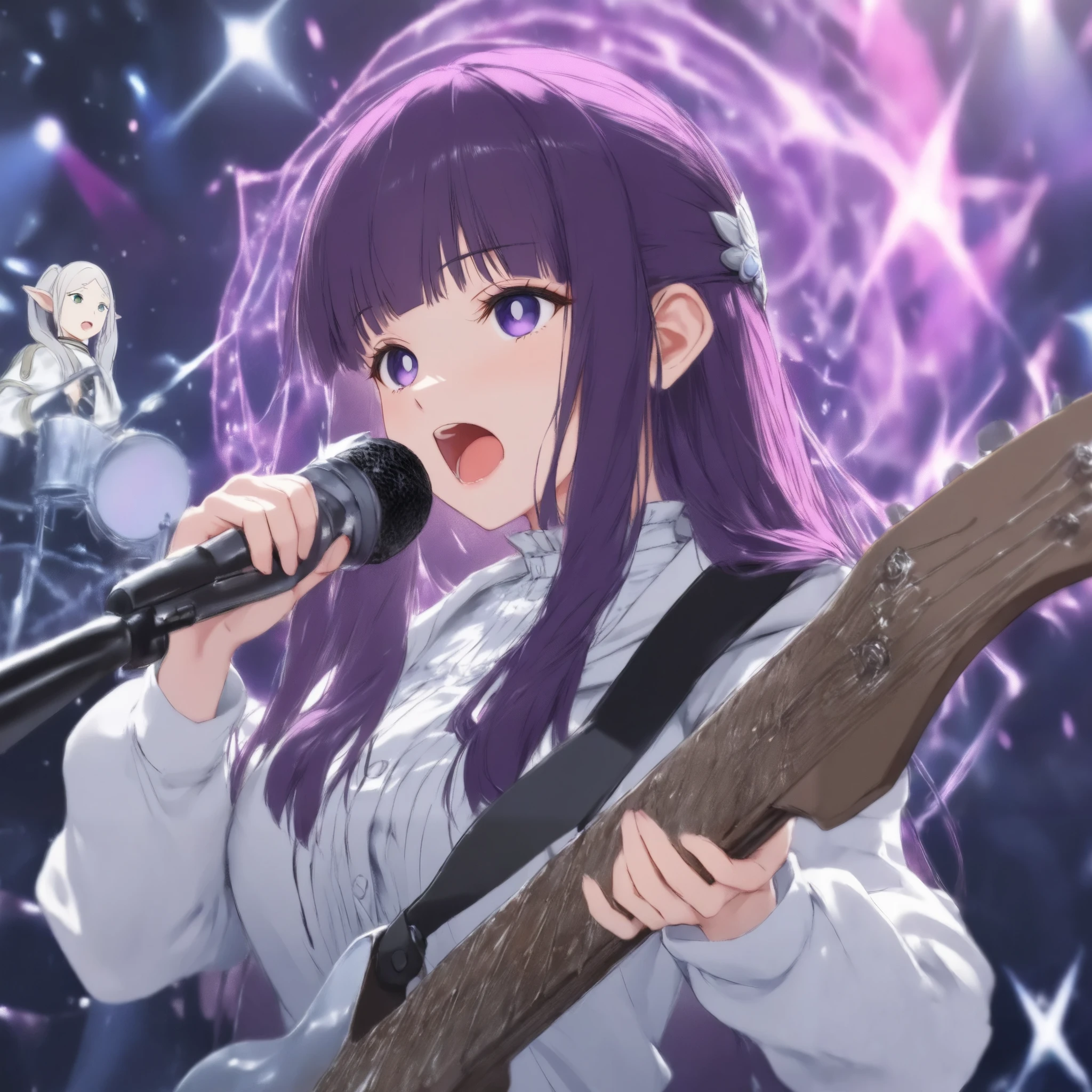 top quality,best image quality,Nerfpnxl,Fern (Sousou no frieren),( GIRLS BAND,Singing passionately,stage,Stage performance,The magic circle that emerges,Play the magic wand guitar