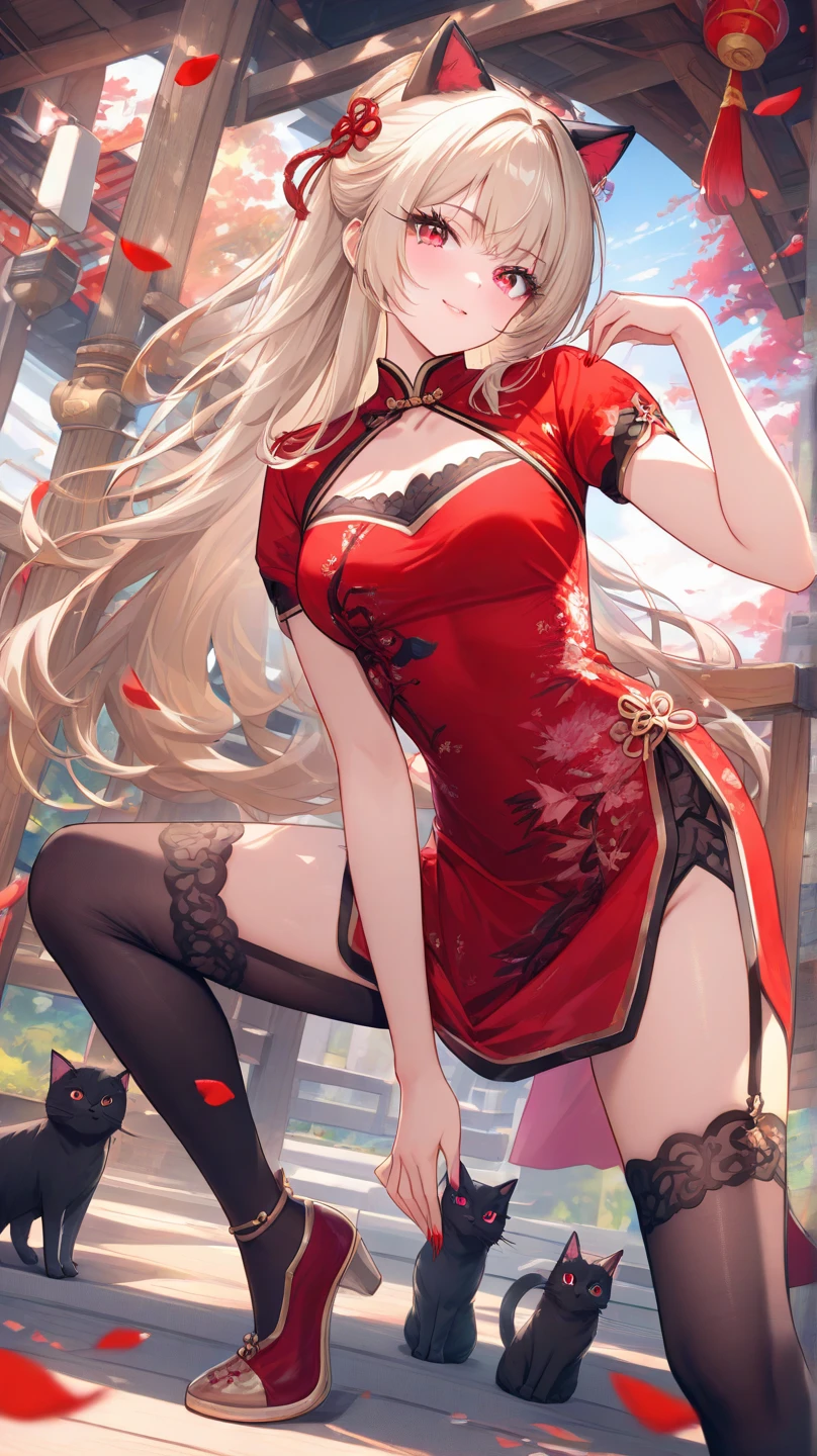 The details are accurately described, with women as the main body, wearing red dresses with floral patterns, sexy dresses, maximalists, red floral items, full silk material, micro-pocket waist, streamlined, slender dress hem design, reminiscent of the style of the morning, looming vines, symbols are more and more beautiful, showing a sense of rhythm.