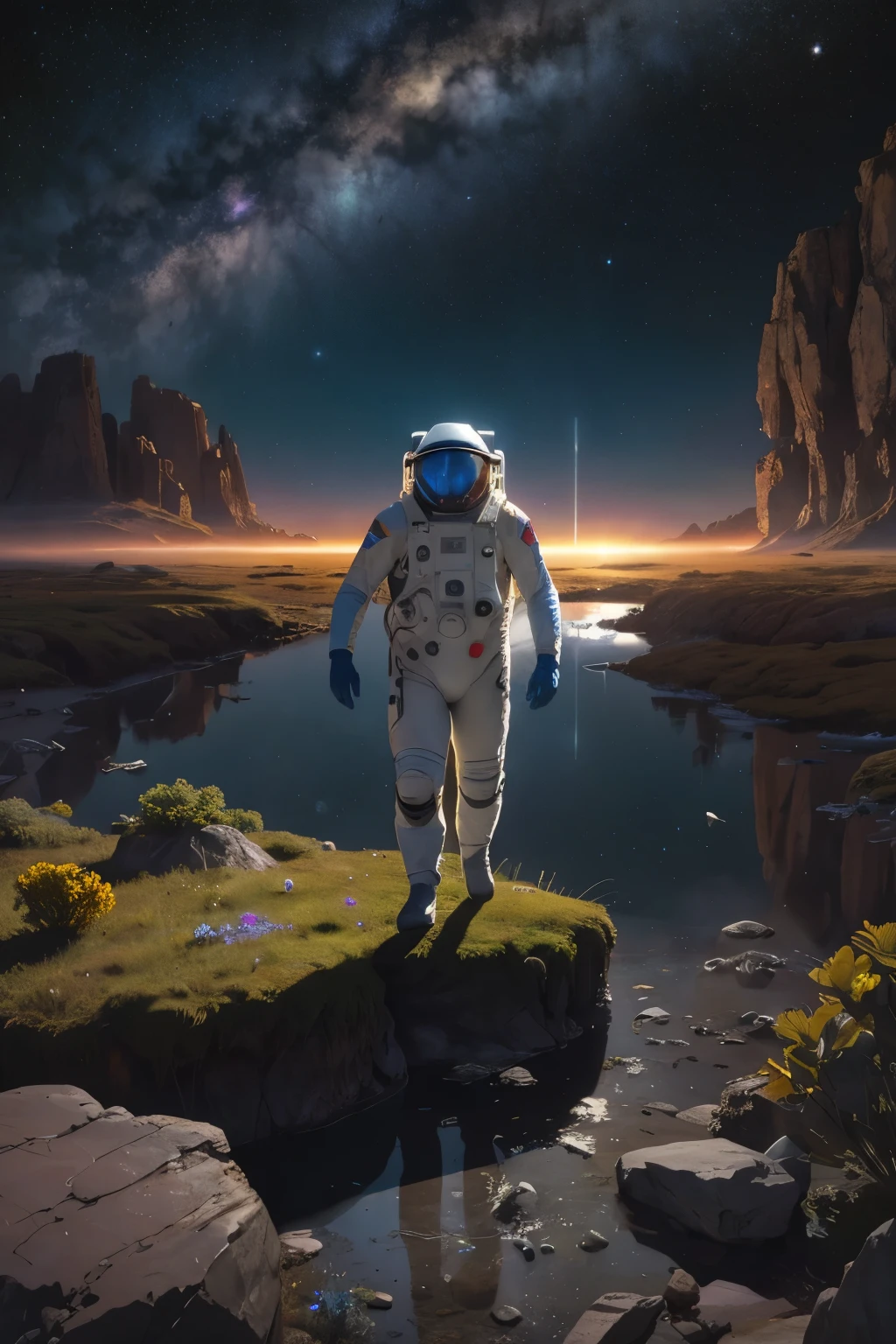 a futuristic space exploration scene, An idyllic scene, countryside landscape, blue sky, green meadow, wildflowers, calm stream, person resting in the shade of a tree, golden sunset light, realistic details, photo quality, masterpiece, ultra detailed, 4k, vivid colors, wearing a white spacesuit, beautiful detailed eyes, beautiful detailed lips, extremely detailed face, long eyelashes, astronaut holding a high-tech device, advanced alien spacecraft in the background, floating rocks and debris, colorful nebula, digital art, cinematic lighting, vibrant colors, dramatic atmosphere, highly detailed, 8k, photorealistic, concept art style