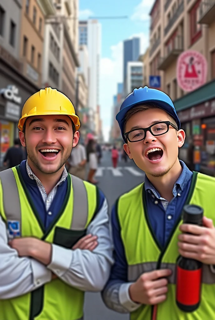 two girls and a man,
standing in a construction site,
detailed facial features, pupils,
buzzcut, hardhat, jeans, topless,
( muscular, strong arms, big boned),  
nipples, topless, sunny day