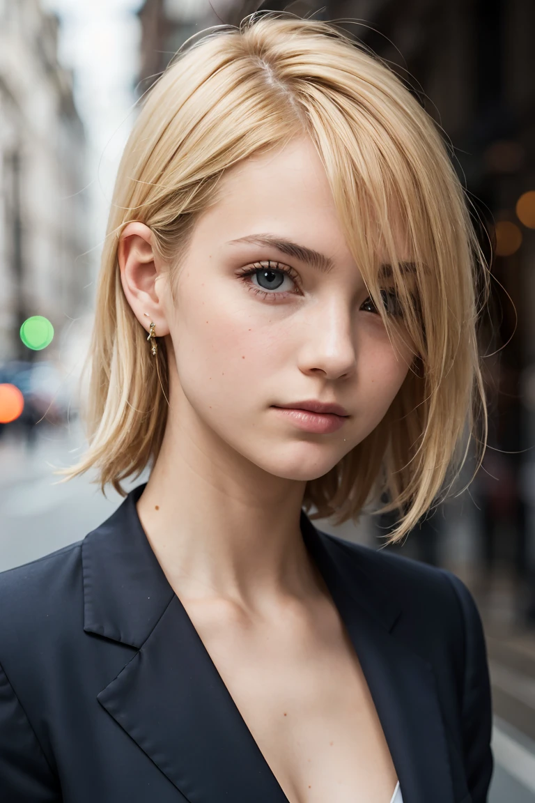 Portrait of European girl,Solitary,20 years old,Pretty Face,Upper body,Hair covering one eye,Medium side cut, Blonde hair, Clear focus,Black suit