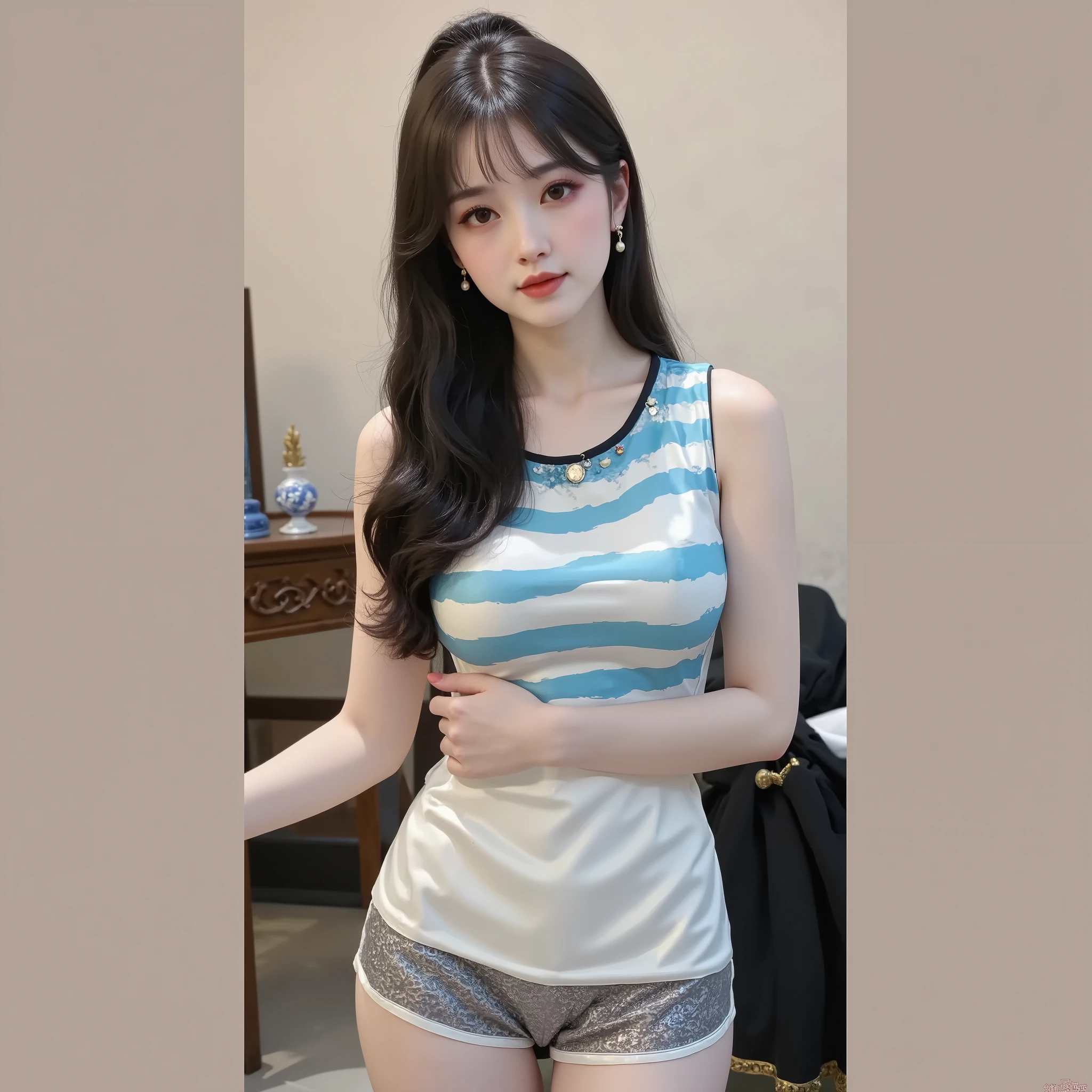 Araffe women wear red and blue checkered shirts., ผู้หญิงlong hairชาวเอเชียตะวันออกเฉียงใต้ที่มีใบหน้ากลม, Large bust measures 38 inches., Warm light, morning sun, long hair,black eyes,abdominal muscles, (digital painting, HDR, high contrast), 3d, 8K, 45,000,000 pixcls,Asian girl, Gorgeous Chinese model, Japanese model, beautiful asian woman, Japanese goddess, beautiful female model, jaw-dropping beauty, Attractive face and body