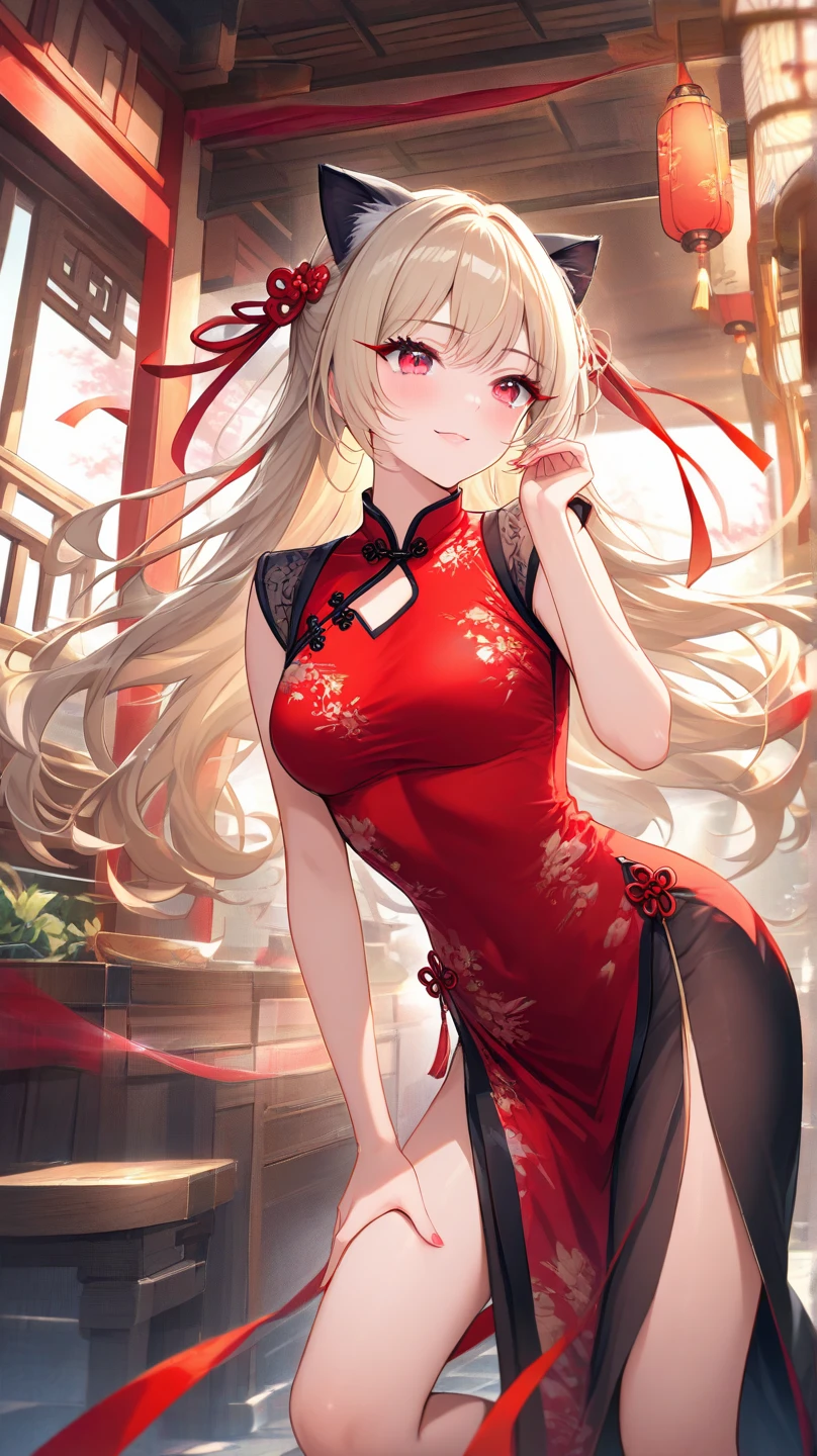 blonde hair、The girl with the red eyes、Sitting surrounded by roses、red blush、chinese clothes