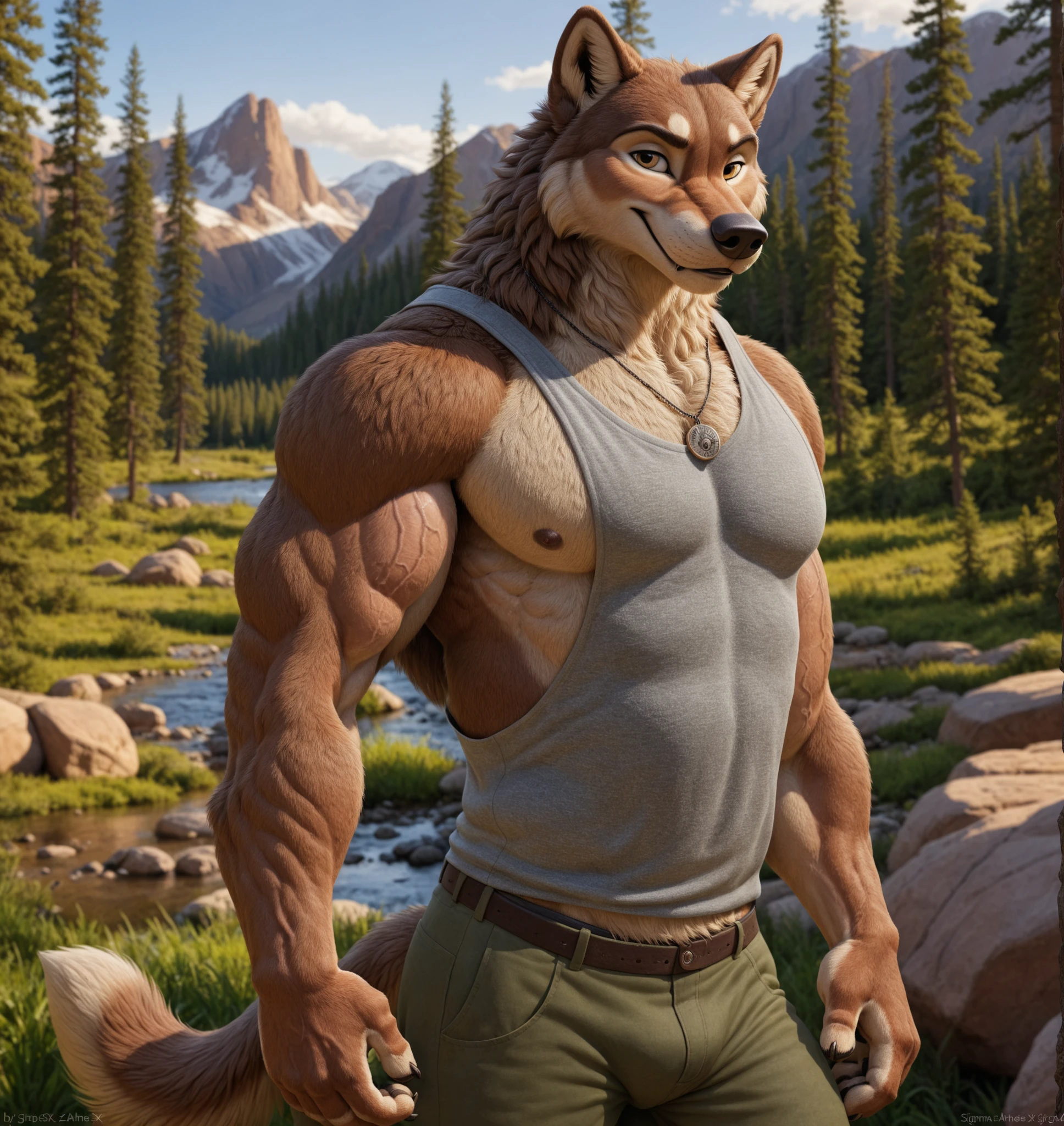 (best quality, 4k, highres, masterpiece:1.2), ultra-detailed, realistic:1.37,furry, heterosexual young adult(18 years old), powerful erect penis, realistic background of mountains, beautiful and sensual eyes.
