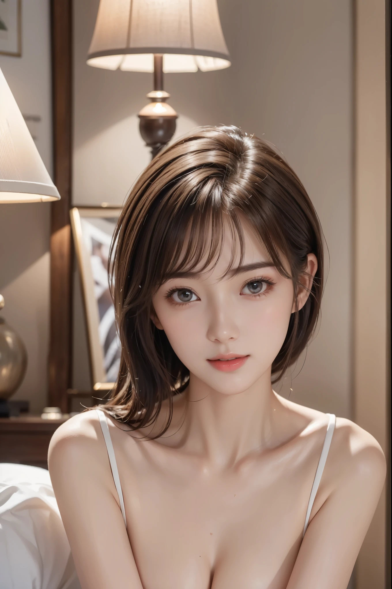 of the highest quality, Ultra High Resolution, (Photorealistic: 1.4), Beautiful eyes, Super beautiful, Short hair, Beautiful breasts, Lovers, T-shirt with rough chest, An eye that invites the viewer, Lover's Eyes, Invite facial expressions, Sexy smile, Perfect Style, Perfect ...