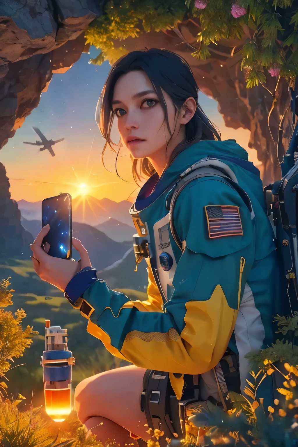 a futuristic space exploration scene, An idyllic scene, countryside landscape, blue sky, green meadow, wildflowers, calm stream, person resting in the shade of a tree, golden sunset light, realistic details, photo quality, masterpiece, ultra detailed, 4k, vivid colors, wearing a white spacesuit, beautiful detailed eyes, beautiful detailed lips, extremely detailed face, long eyelashes, astronaut holding a high-tech device, advanced alien spacecraft in the background, floating rocks and debris, colorful nebula, digital art, cinematic lighting, vibrant colors, dramatic atmosphere, highly detailed, 8k, photorealistic, concept art style