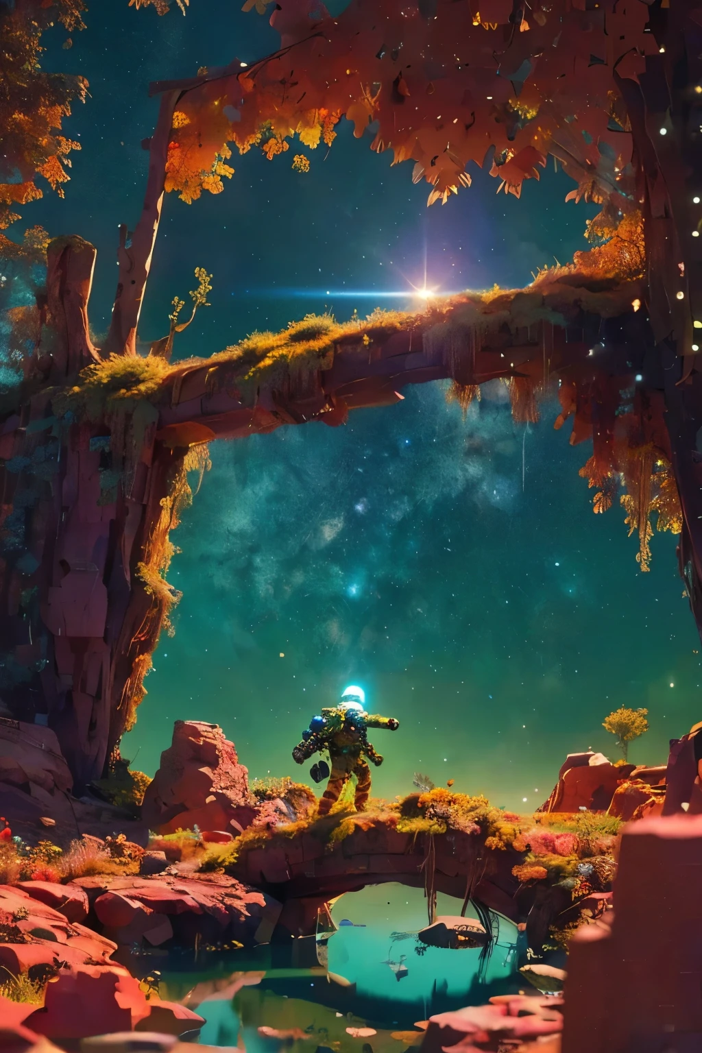 a futuristic space exploration scene, An idyllic scene, countryside landscape, blue sky, green meadow, wildflowers, calm stream, person resting in the shade of a tree, golden sunset light, realistic details, photo quality, masterpiece, ultra detailed, 4k, vivid colors, wearing a white spacesuit, beautiful detailed eyes, beautiful detailed lips, extremely detailed face, long eyelashes, astronaut holding a high-tech device, advanced alien spacecraft in the background, floating rocks and debris, colorful nebula, digital art, cinematic lighting, vibrant colors, dramatic atmosphere, highly detailed, 8k, photorealistic, concept art style