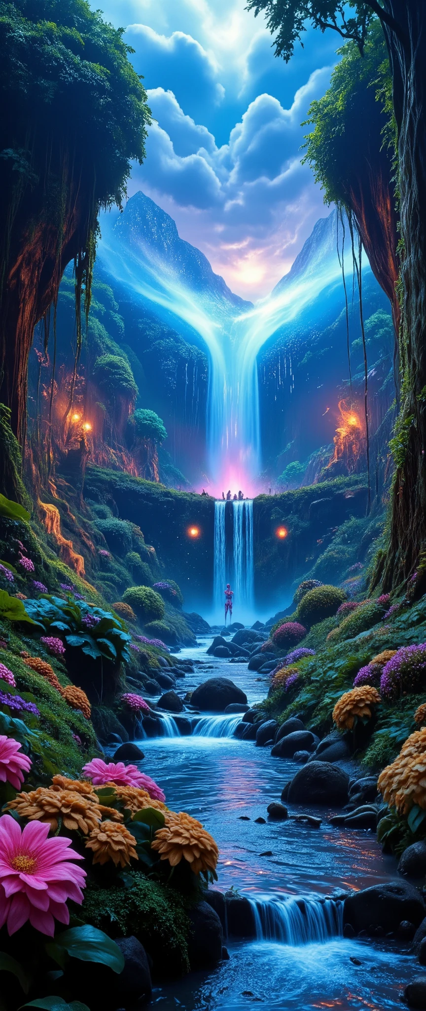 in high-definition images、Chroma V5、Bink Punk 、masterpiece、最high quality、high quality、very detailedなリアルな8k壁紙、Textured Scenery by Greg Staples、World's Most Beautiful Jungle Scenery Photos、(Natural Scenery)、Award Winning Photos、color difference、high definition、Bloom、Photorealistic Happy Feeling、very detailed、Popular on Artstation、Popular on CGSociety、complicated、high detail、Dramatic、RTX on、Magical Sparkling Flowers、(fog)、 fantasy、waterfall