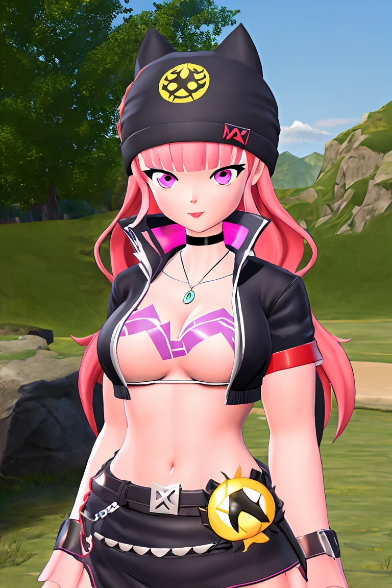 (8k), ultra-realistic, high detail, zoe,((full body woman in bikini)), smiling woman, ,jacket,multicolored hair,twintails,solo,black hair,black belt,black jacket,pink eyes,belt,hat,pink hair,choker,black choker,looking at viewer,crop top,jewelry,breasts,necklace,bangs,long hair,black headwear, sexy and delicate lace bikini, angela white, sexy girl, brunette hair, sexy bikini, stunning views, provocative, very sexy, sexy and attractive, sexy look, gorgeous brunette hair, big, very sexy costume that stands out in a bikini
