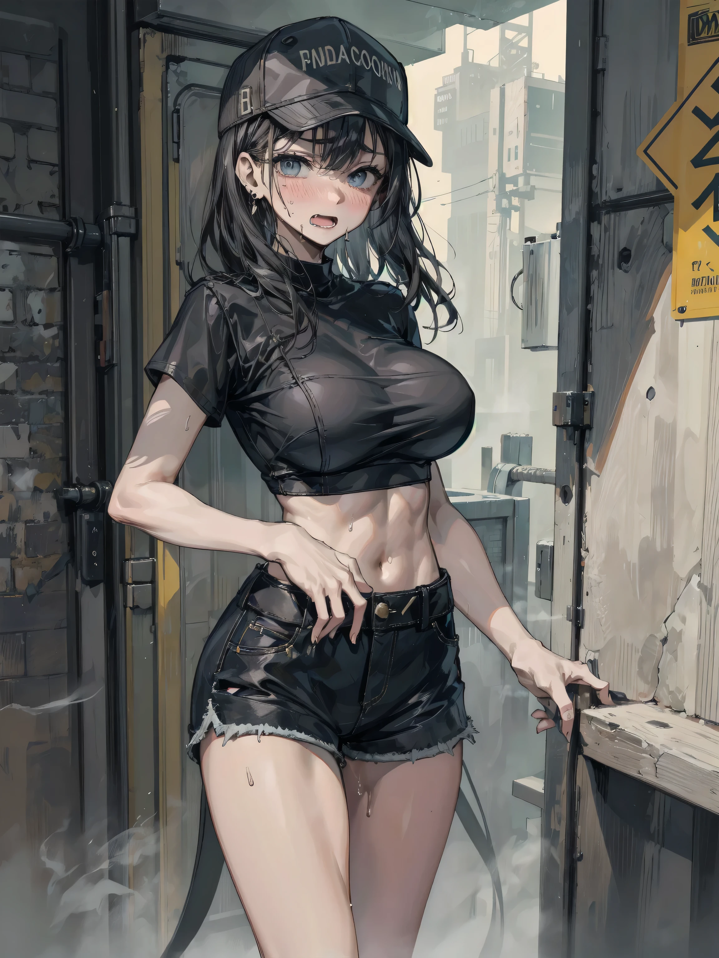 official art, unity 8k wallpaper, ultra detailed, beautiful and aesthetic, masterpiece, best quality, (zentangle, mandala, tangle, entangle), 1girl, extremely detailed, dynamic angle, cowboyshot, the most beautiful form of chaos, elegant, a brutalist designed, vivid colours, romanticism, by james jean, roby dwi antono, ross tran, francis bacon, michal mraz, adrian ghenie, petra cortright, gerhard richter, takato yamamoto, ashley wood, atmospheric. Tifa lockhart, long black hair, red eyes, hair bangs, (white tank top:1.5), black miniskirt, suspenders, stockings, huge breasts, cleavage, in a modern industrial apartment, brick wall, one girl, 1 girl, thin waist, wide hips, exposed abdomen, toned abs, toned arms