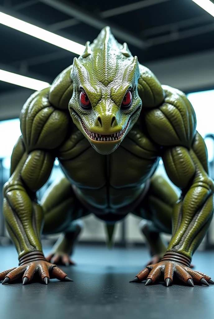 create an image of a dragon in the gym that looks close and muscular