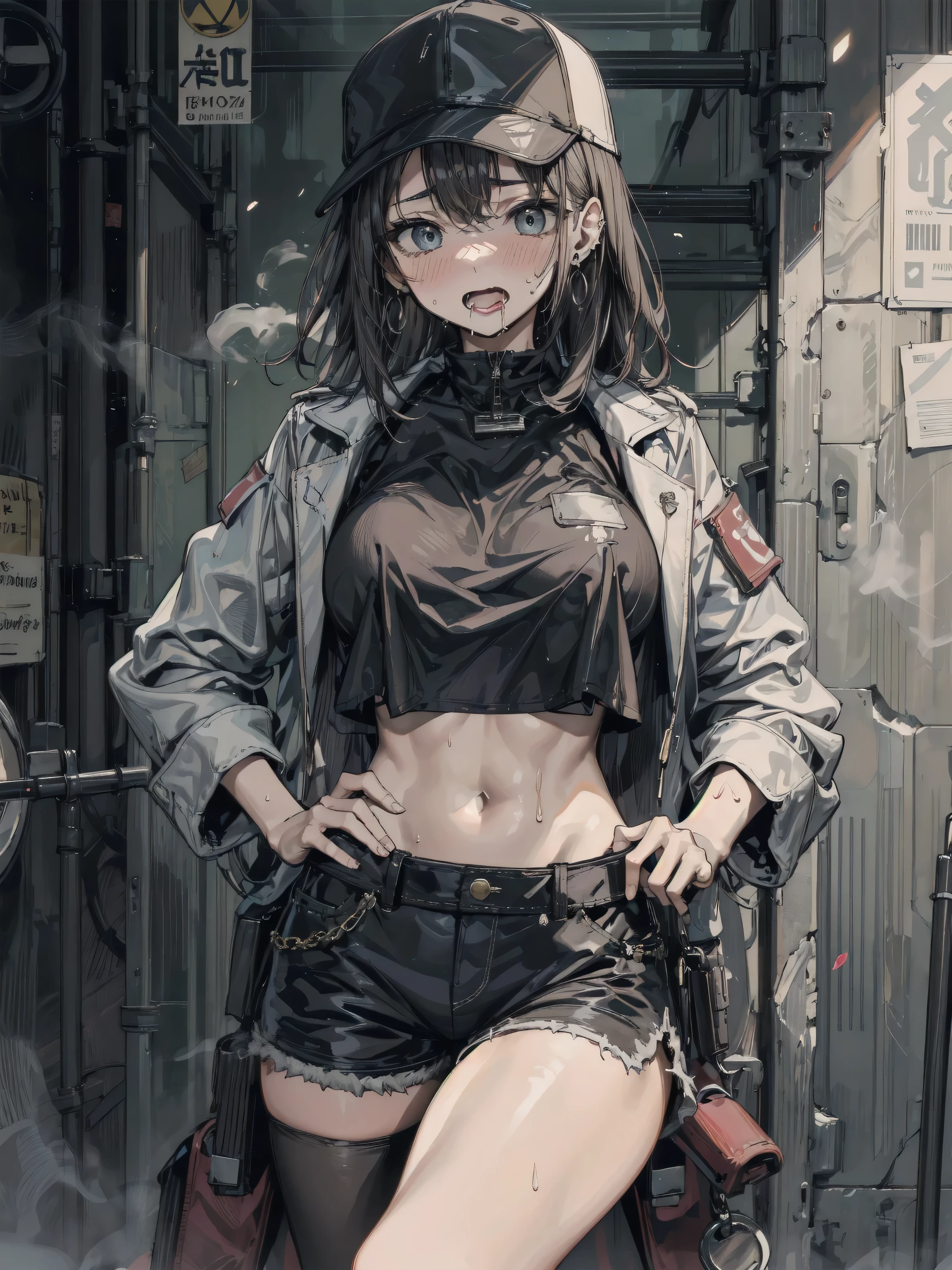最high quality、Best image quality、masterpiece、girl((18-year-old、 By becoming、Best Bust、Medium Bust,Wide open breast tea、Red glowing eyes,Black Hair、Red Mesh、Disheveled Hair、Lointail、thin,The highest valley、Open chest、Luminous Wristbands、hair ornaments、Show the whole body,Black short sleeve T-shirt、Short denim trousers、Cool image, cool pose、My whole body is wet)),high quality、Beautiful art、background((Photography room))、Flight、Flying debris、Written boundary depth、movie、Visual Arts、Perfect art、8K,Genuine,