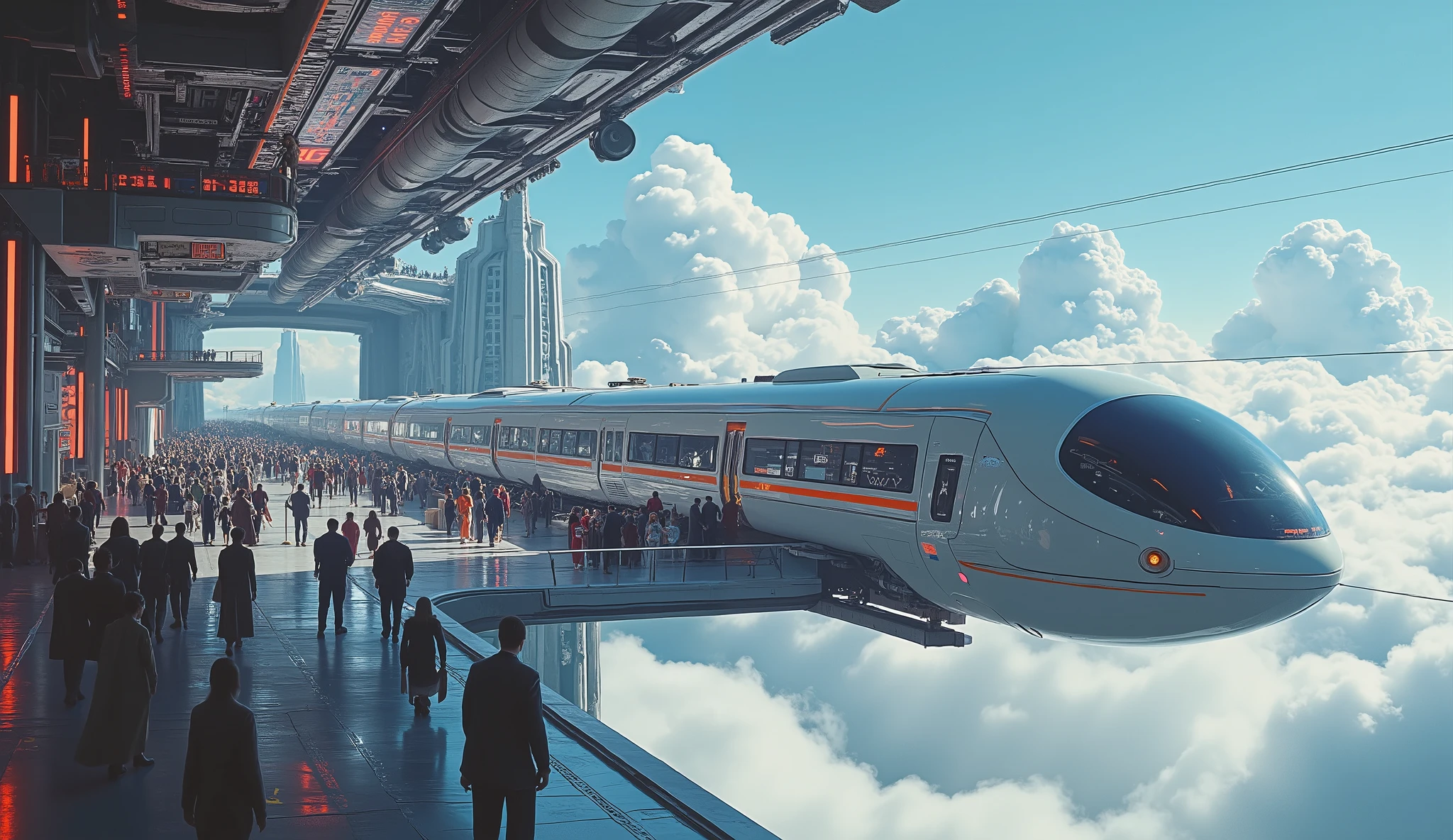 A futuristic train station suspended in the clouds, where bullet-shaped hover trains arrive and depart. The air hums with the energy of floating neon signals, guiding travelers to unknown galaxies.

