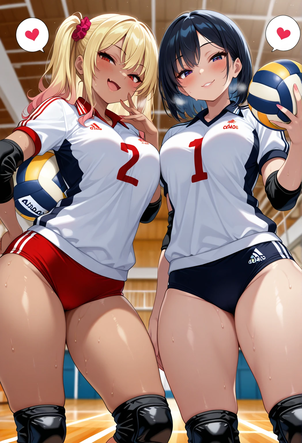 unity 8k wallpaper, anatomically correct, (((masterpiece))), (((best quality))), (((ultra detailed))), (((high-resolution))), ((super fine illustration)), ((Ultimate cutie)), ((detailed beautiful face)), perfect hands, perfect finger, (((good anatomy))), BREAK, multiple girls, lovingly gaze, harem, group picture, 17 years old, (potbelly), (Curve), medium breasts, ((thick thighs)), Shiny hair, (((coquettish smile))), (((blush))), BREAK, Adidas, Sleeveless collared Volleyball Uniforms, ((wristbands)), BREAK, (Hold the beautiful spherical 6-inch volleyball), ((Sweat)), (perspired), (Heavy breathing), in gymnasium, in volleyball court, depth of field, strong light, cowboy shot,,