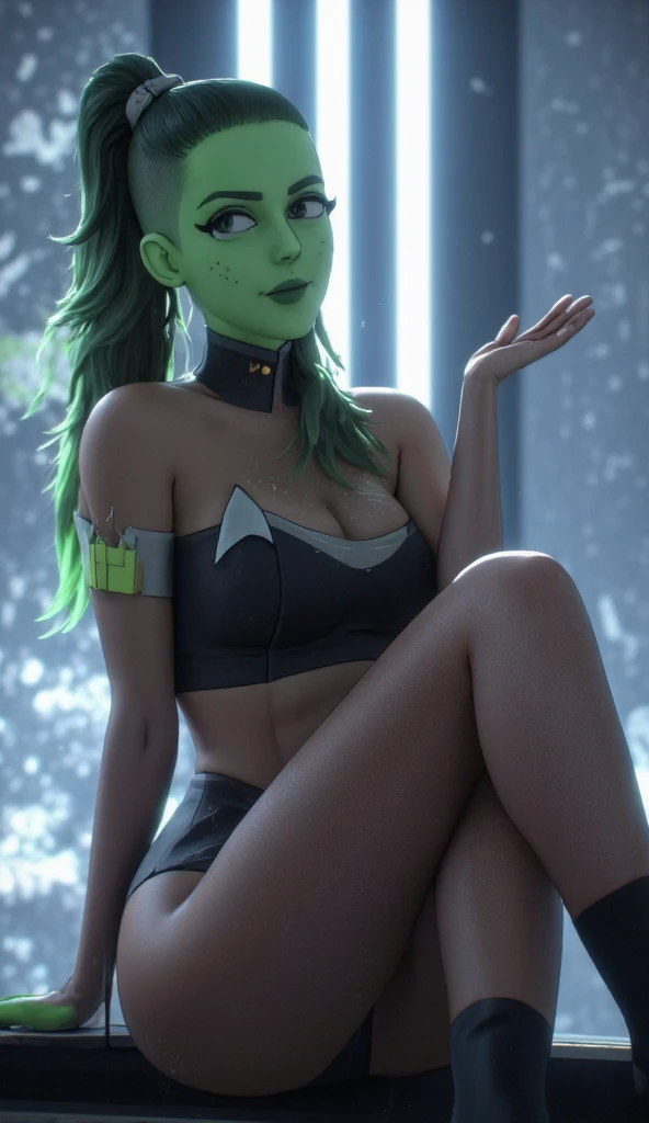 photo of Tendi, Orion from star trek, RAW, beautiful woman, ((portrait)), ((detailed face, anime eyes, anime mouth, anime nose:1.2)), (short shaved dark forest green hair:1.3), ((detailed facial features, detailed vibrant green skin, emerald green skin skin:1.5), (perfect proportioned body), arched back, (NSFW, nude:1.5), (sitting on floor, looking up at viewer, pov:1.7), (high detailed futuristic city environment, Starry skyline), (realistic photo, best quality, detailed), (8k wallpaper), (cinematic lighting, dramatic lighting) (sharp focus, intricate)