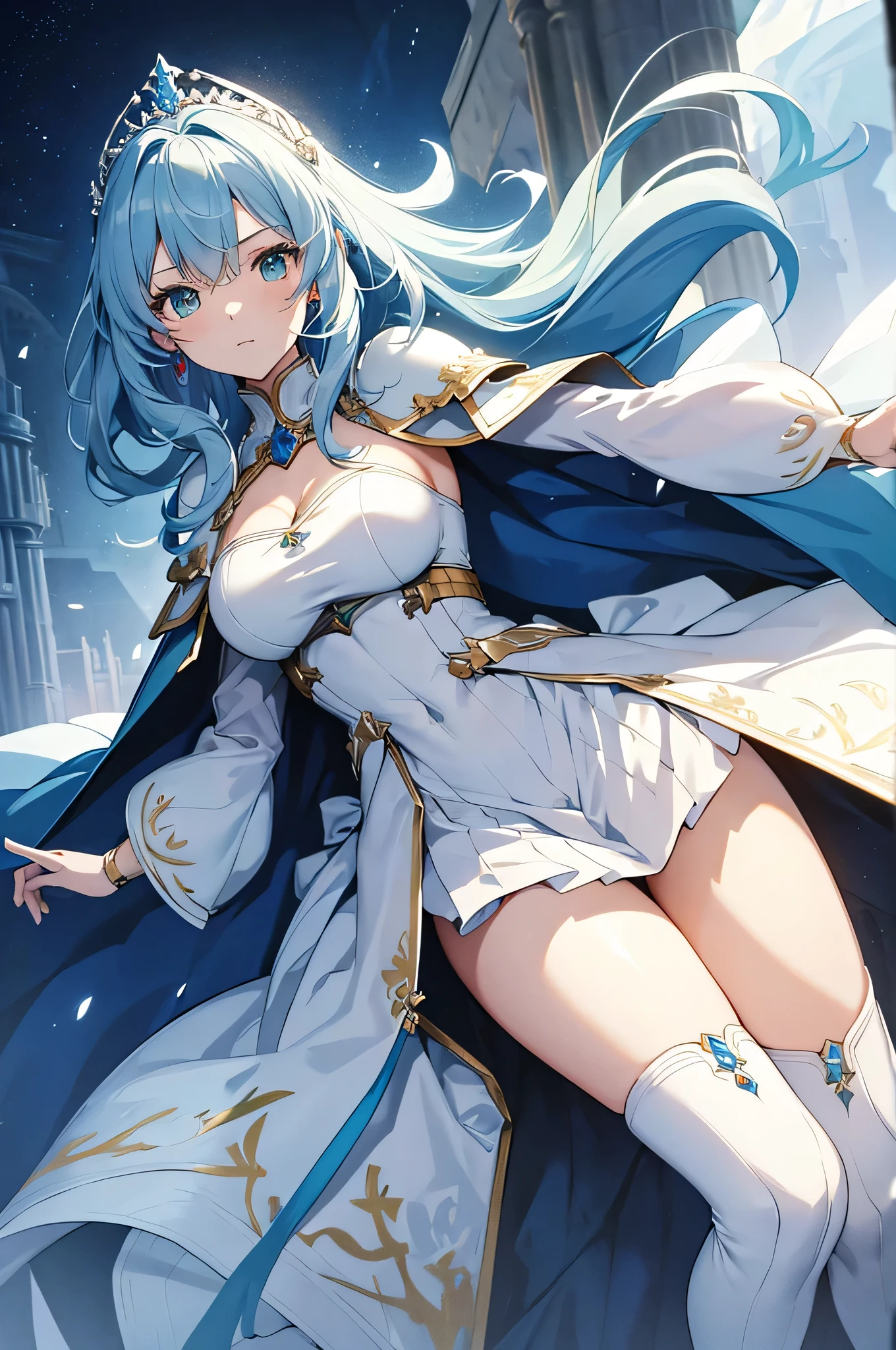 1mature girl, light blue hair, sharp ice-blue eyes, wears white dress with medium boobs, , make it like tarot anime-style but no frame