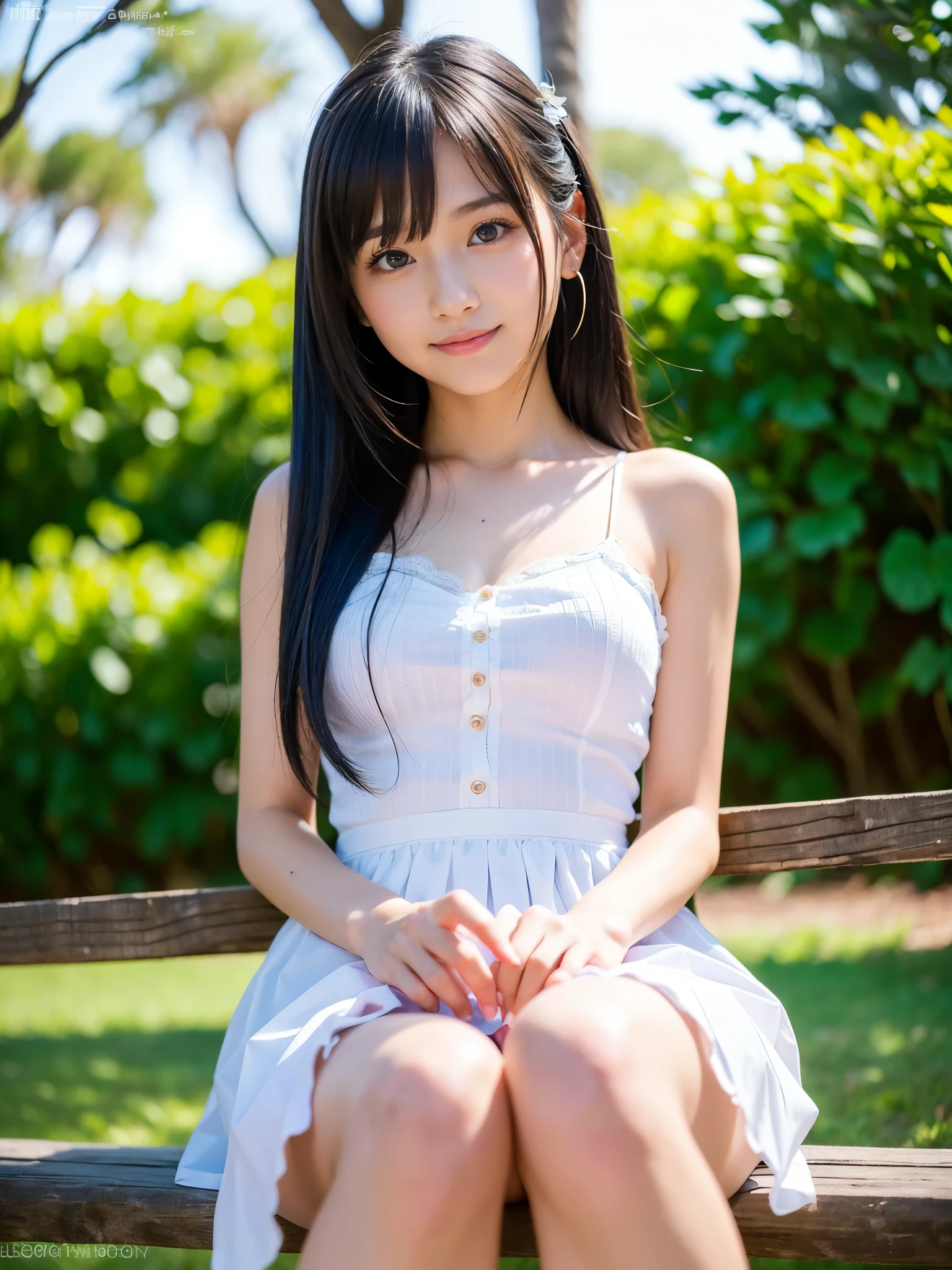 (high-definition CG unified 8K wallpapers)、(masterpiece)、(Top image quality)、(ultra-definition)、(Best Illustration)、(The best shadow)、(Realism:1.4)、(PureFace_v1:0.5)、Real Human Skin、lensflare、(evening)、Back lighting、no-makeup、Many flowers、natural soft light、Hard Focus、Deep Focus、((non-blur))、(Gaze towards the viewer)、Shot from a low position、Knee shot、Beautiful navel、1人、(Under 10 奏、Sunburned skin、Petite and thin girl、Beautiful fingers in every detail、Glossy ordinary nails、thighs thin、(Very young Japan beautiful girl)、small nostrils、Healthy face、Soft lips、pale cherry colored lips、(rather thin eyebrows: 1.4)、shiny large black eyes、Chest flat、(flat-chest: 1.4)、(medium or semi-long black hair,:1.1)、(Beautiful girl with cute loli face:1.6)、eye、(The corners of the mouth rise:1.4)、((Raise your hands to expose your beautiful armpits))、Triangular sitting with open feet、facing front、1 thin chest camisole、(Tight sheer white camisole)、Short camisole、Skin shines through clothing、((light colored short spats that are thin and fairly tight:1.2))、Plump round face、Sky with beautiful details、shopping mall、(smile shy:1.8)、cheeks are reddened、Eyes for hollow details、Floating hair、large eyes that are symmetrical、Small protrusions、hair clips、Rat trail section、Inside the thigh、Hamstring、No face makeup、No shoulder-to-arm clothing、Cool colored outfits for summer
