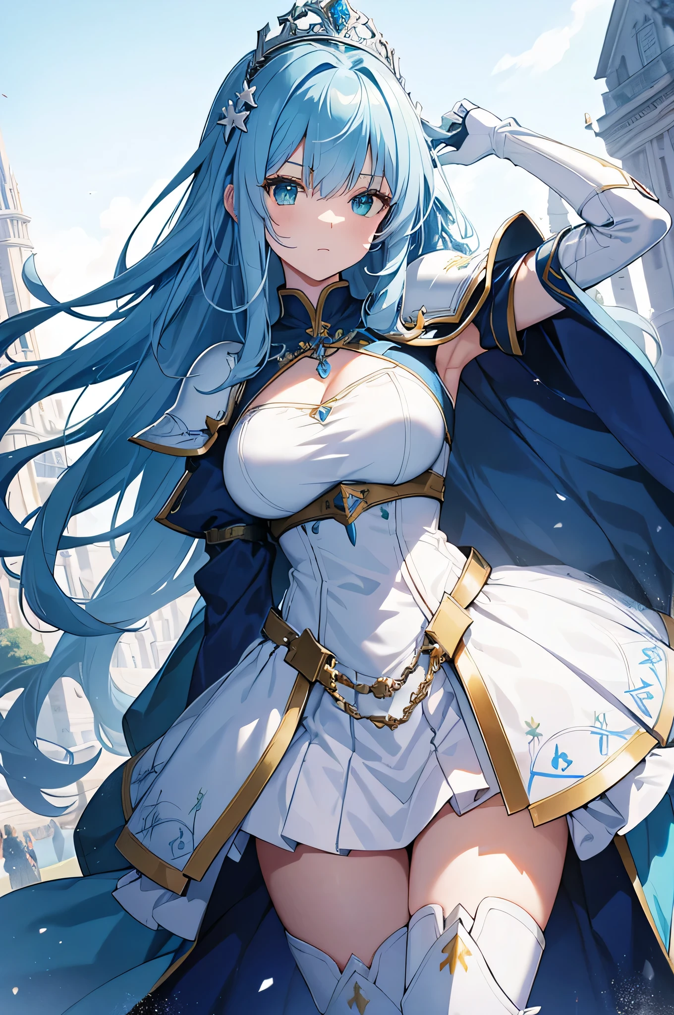 anime girl, light blue hair braided, golden eyes,
